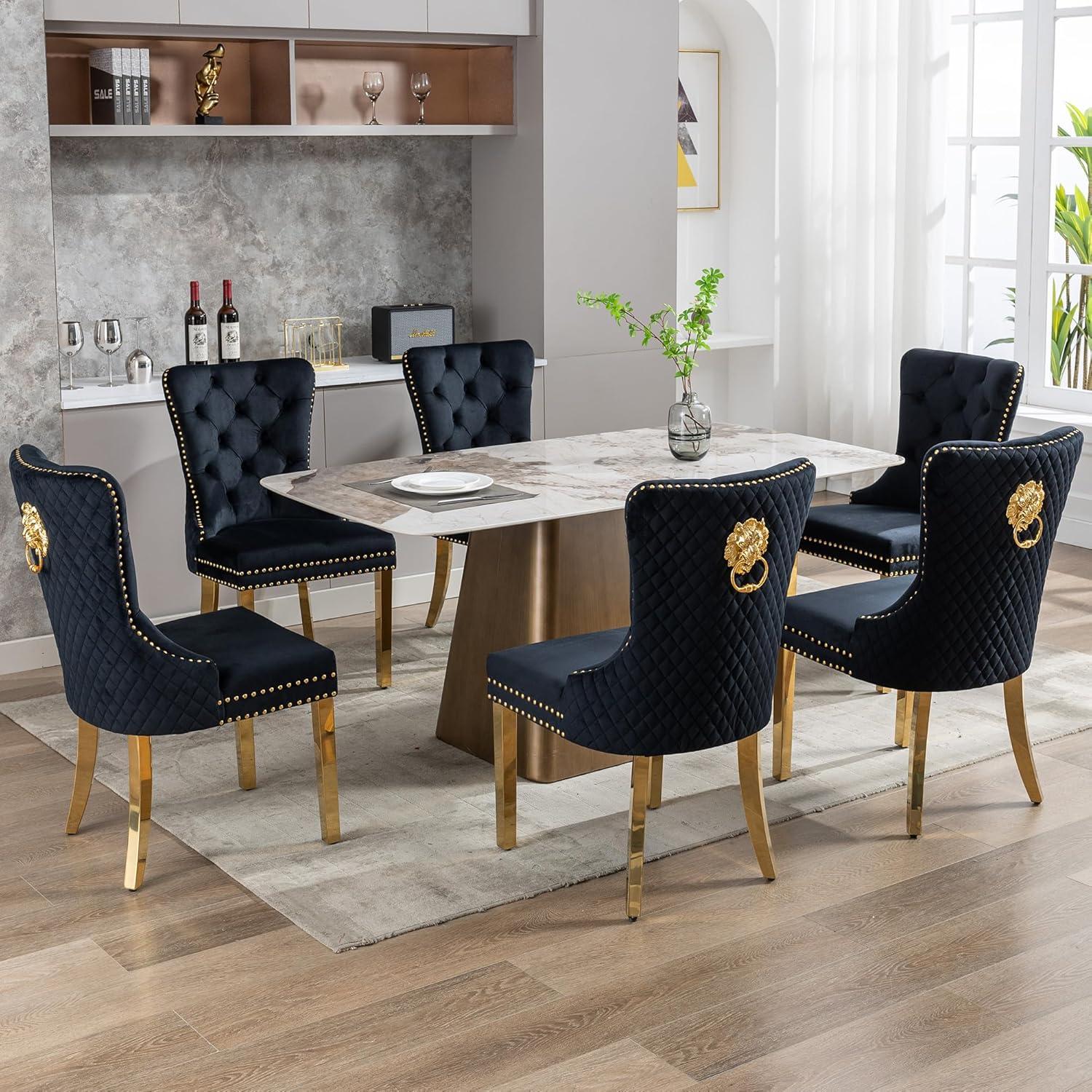 ODUSE-DAILY Black Velvet Dining Chairs Set of 6, Kitchen & Dining Room Chairs, Nailheads Tufted, Sillas De Comedor, Fabric Upholstered, Golden Metal Legs (Black, 6 Pcs)