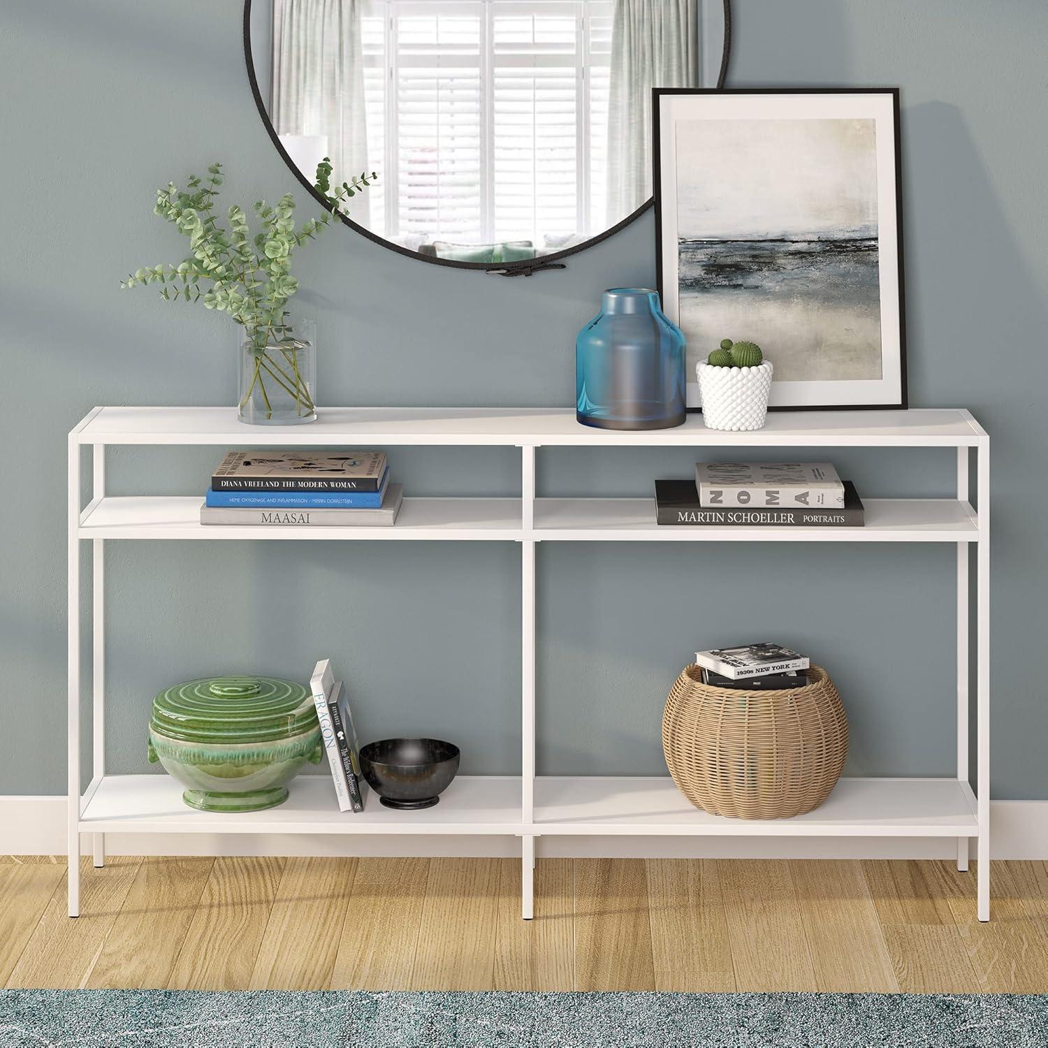 Evelyn&Zoe Sivil 55" Wide Rectangular Console Table with Metal Shelves, Matte White