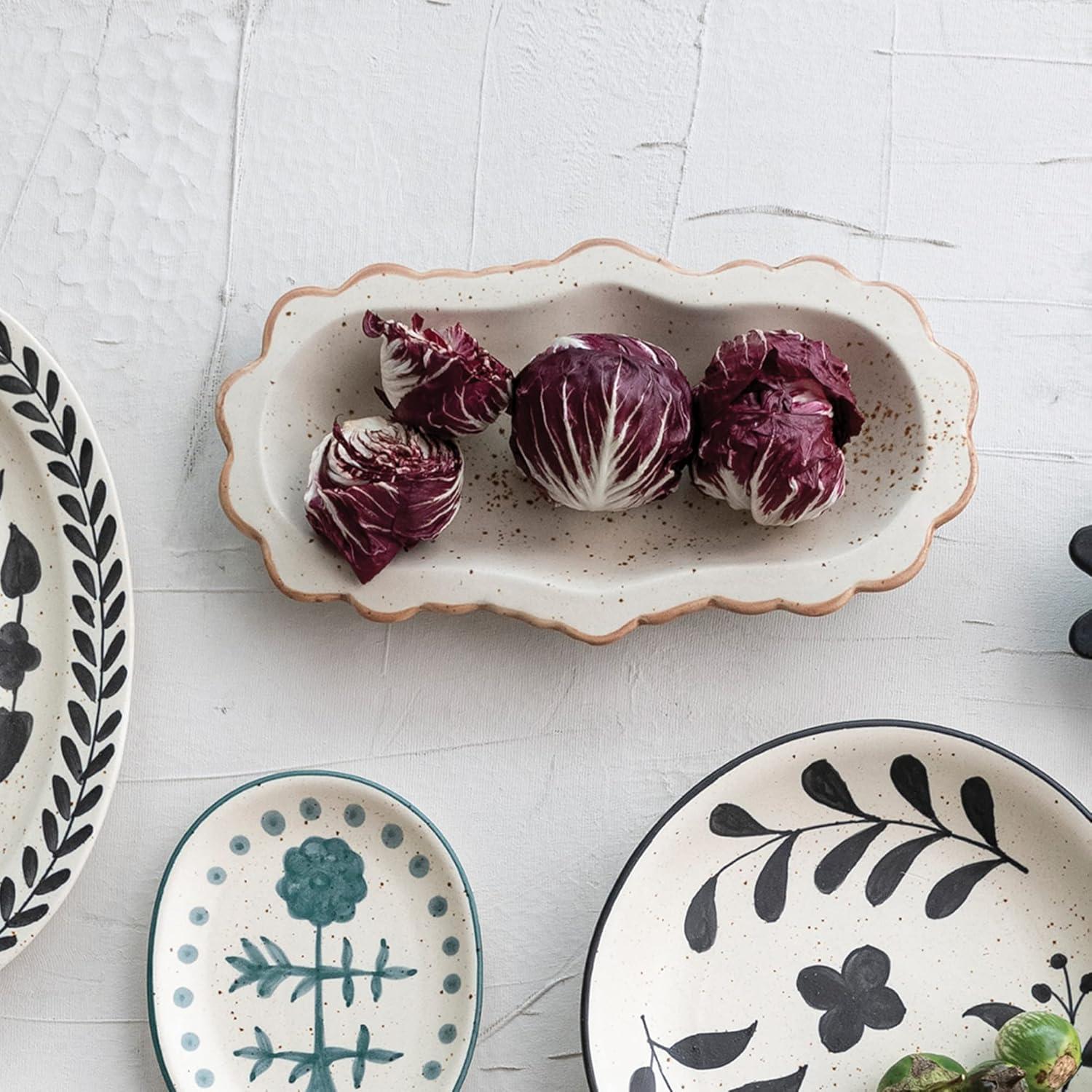 Creative Co-Op Speckled Stoneware Platter with Scalloped Edge, Ivory and Brown