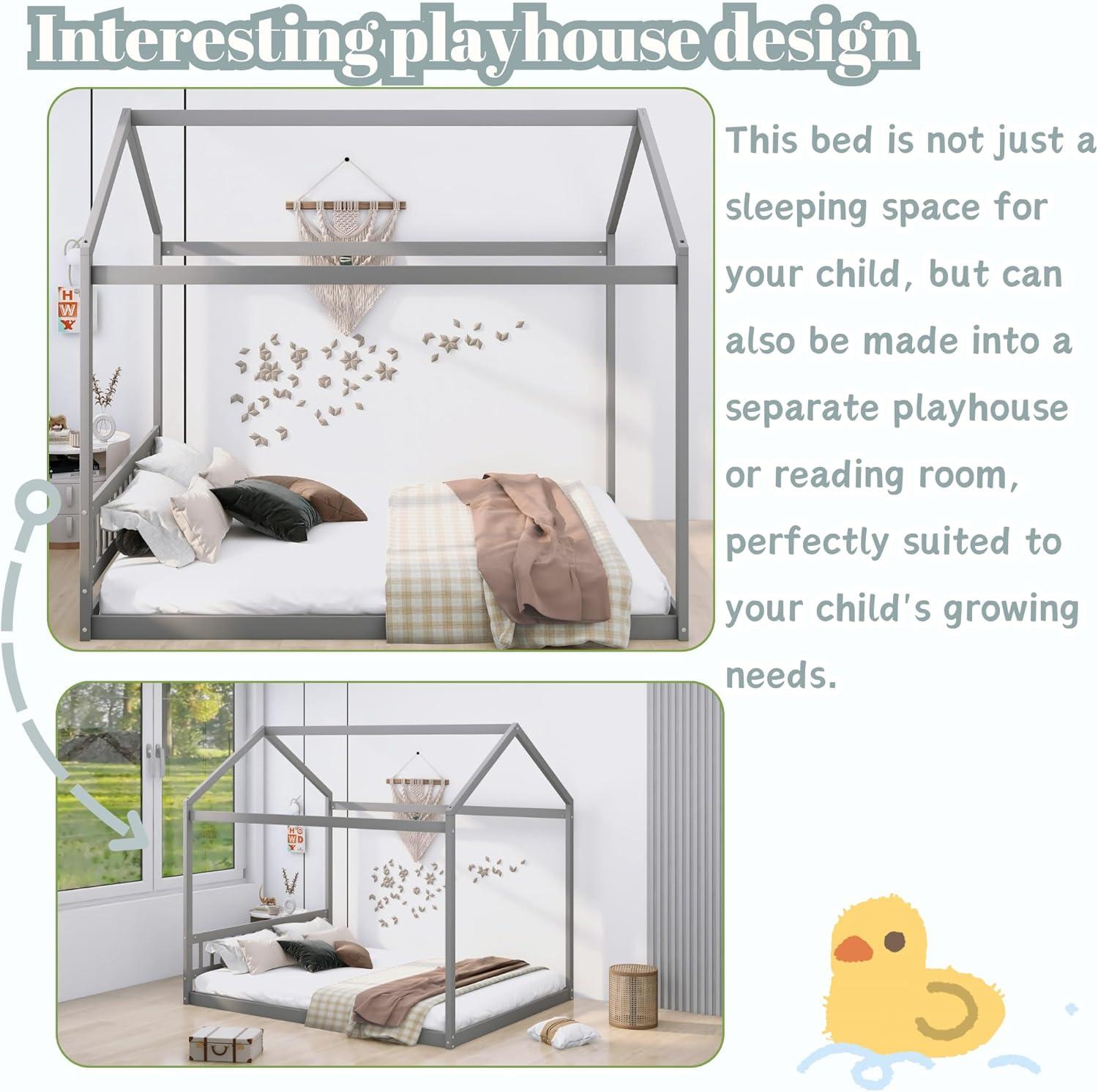 Queen House Bed with Roof Wood Montessori Floor Beds for Kids Wood House Floor Bed Frame for Girls Boys Teens Adults, No Spring Box Needed, Gray