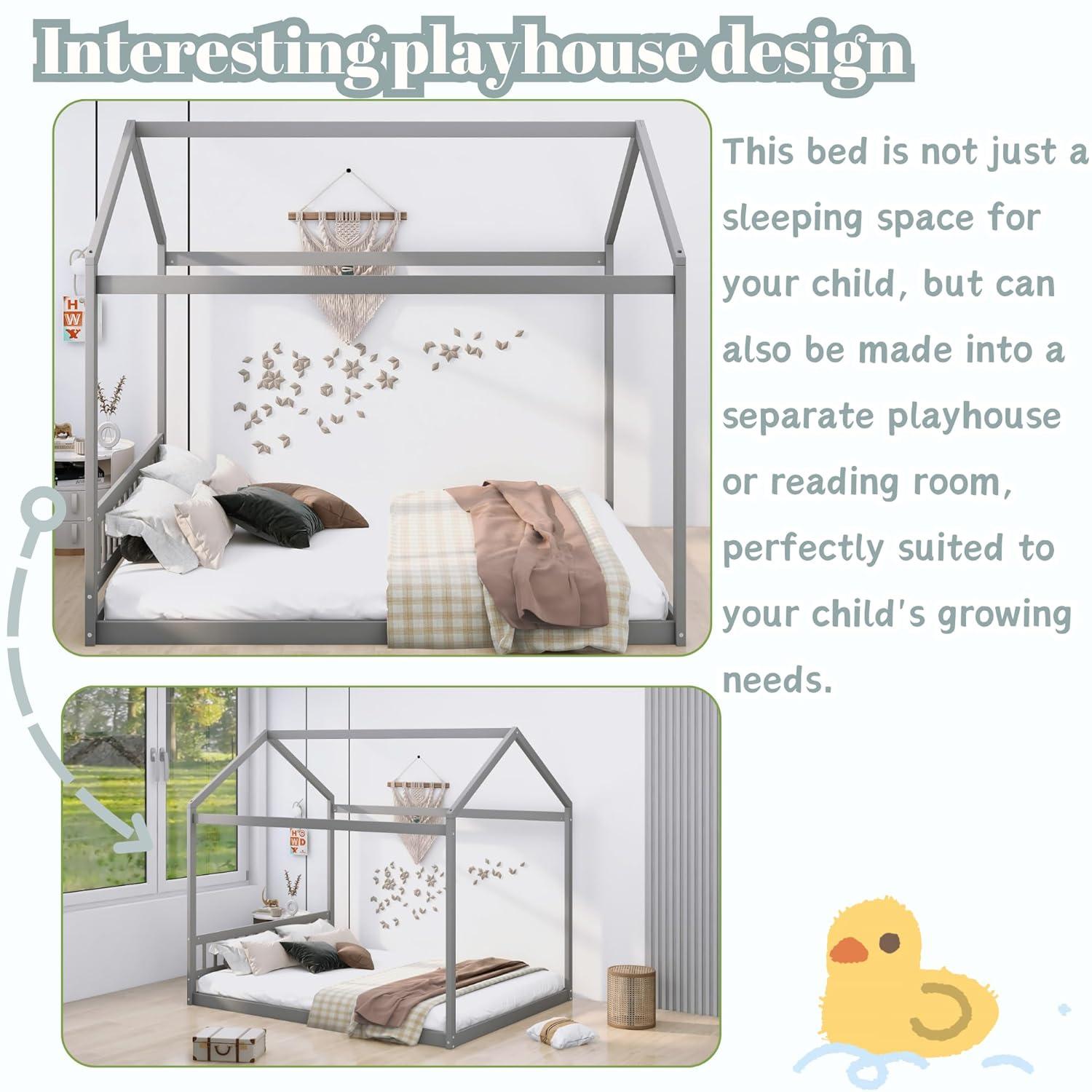 Queen House Bed with Roof Wood Montessori Floor Beds for Kids Wood House Floor Bed Frame for Girls Boys Teens Adults, No Spring Box Needed, Gray