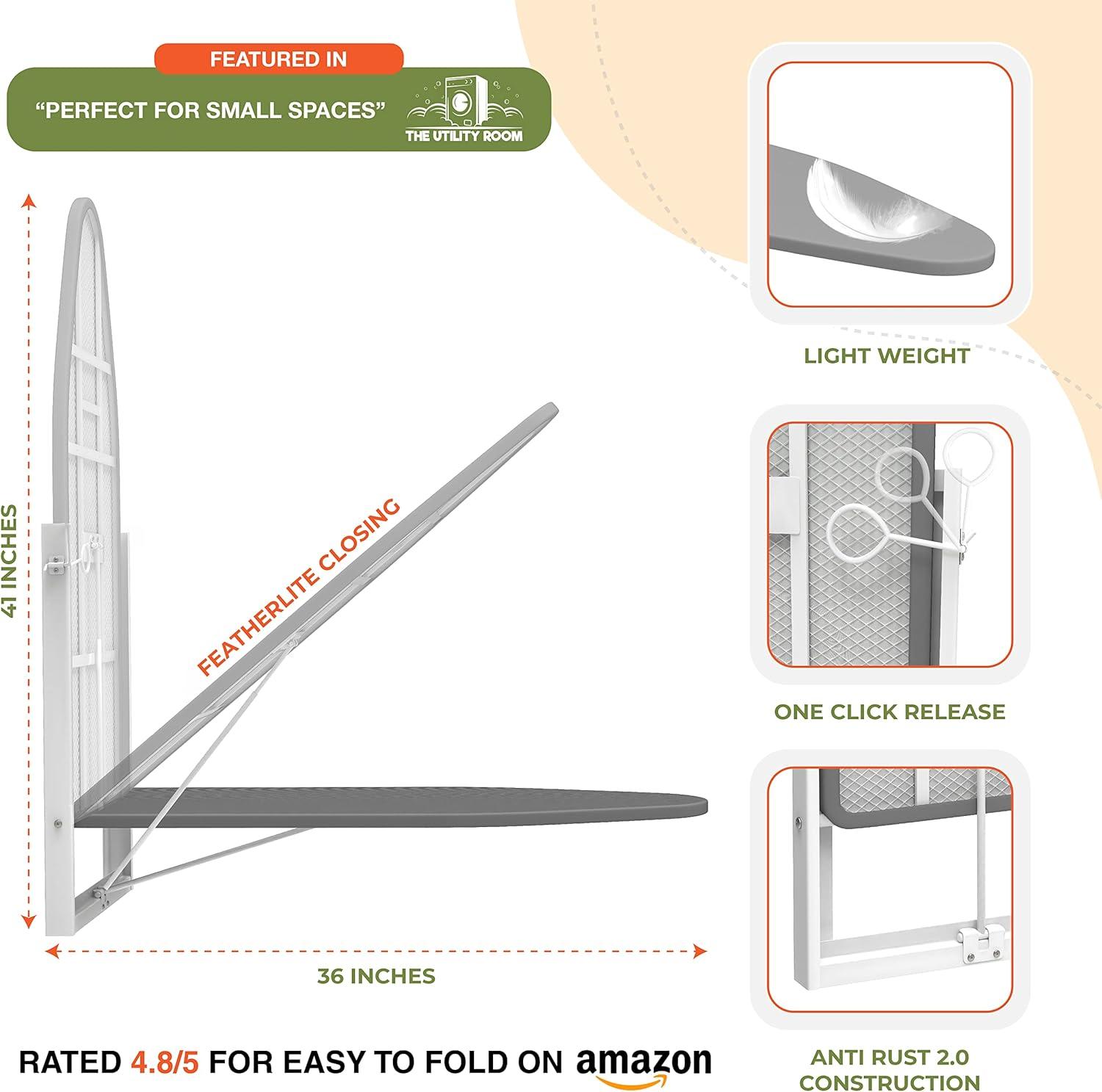 Xabitat Wall Mounted Ironing Board | 37" X 15" Compact Mount Fold Down Ironing Board for Small Spaces | Space Saving with Cotton Fabric Cover | White and Grey