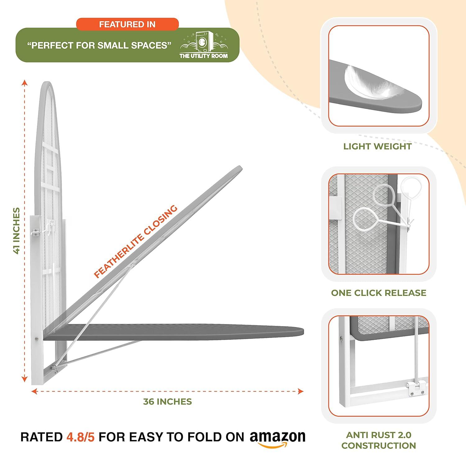 Xabitat Wall Mounted Ironing Board | 37" X 15" Compact Mount Fold Down Ironing Board for Small Spaces | Space Saving with Cotton Fabric Cover | White and Grey