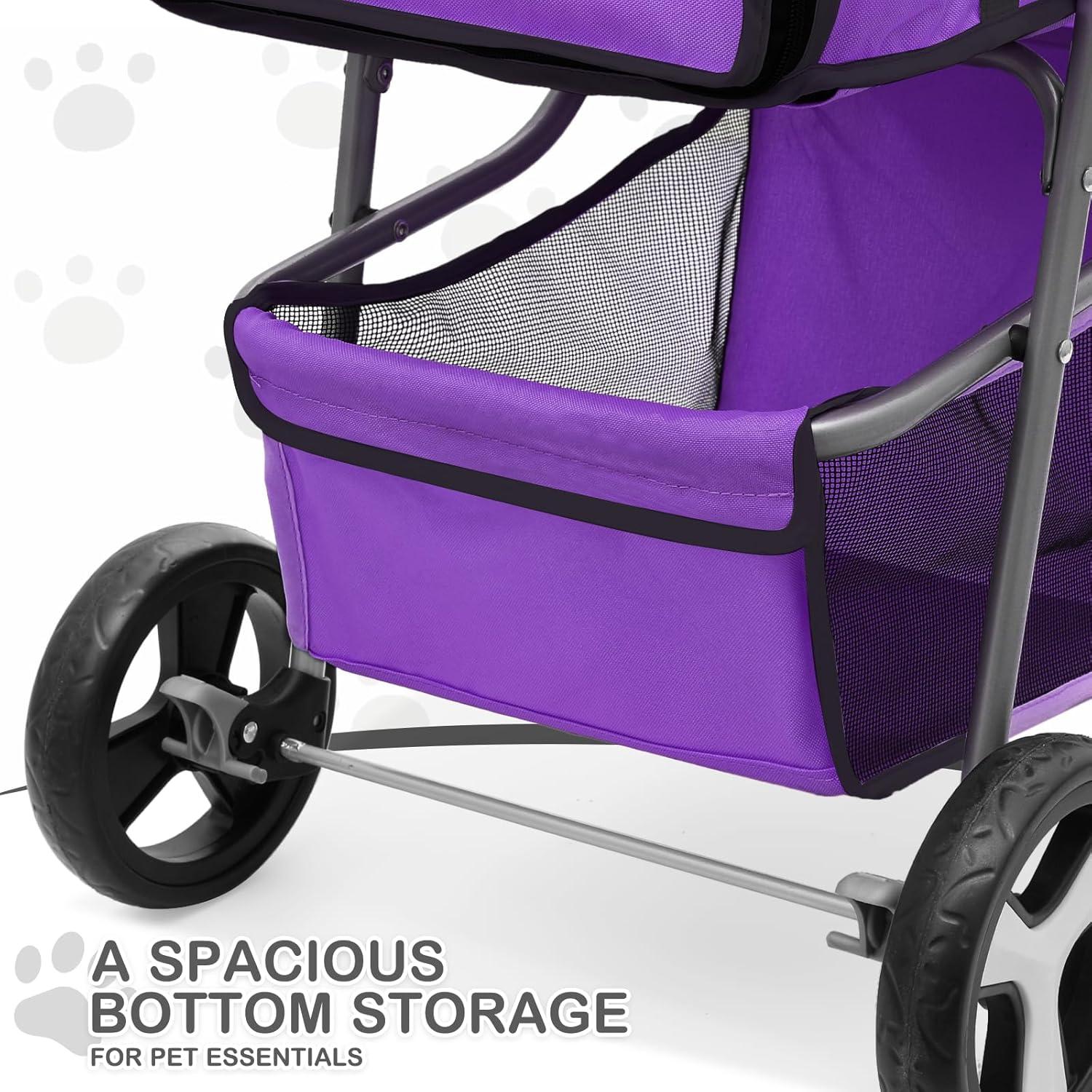 3 Wheel Folding Pet Stroller, Foldable Dog Jogger Stroller with Storage Basket, Cup Holder & Canopy