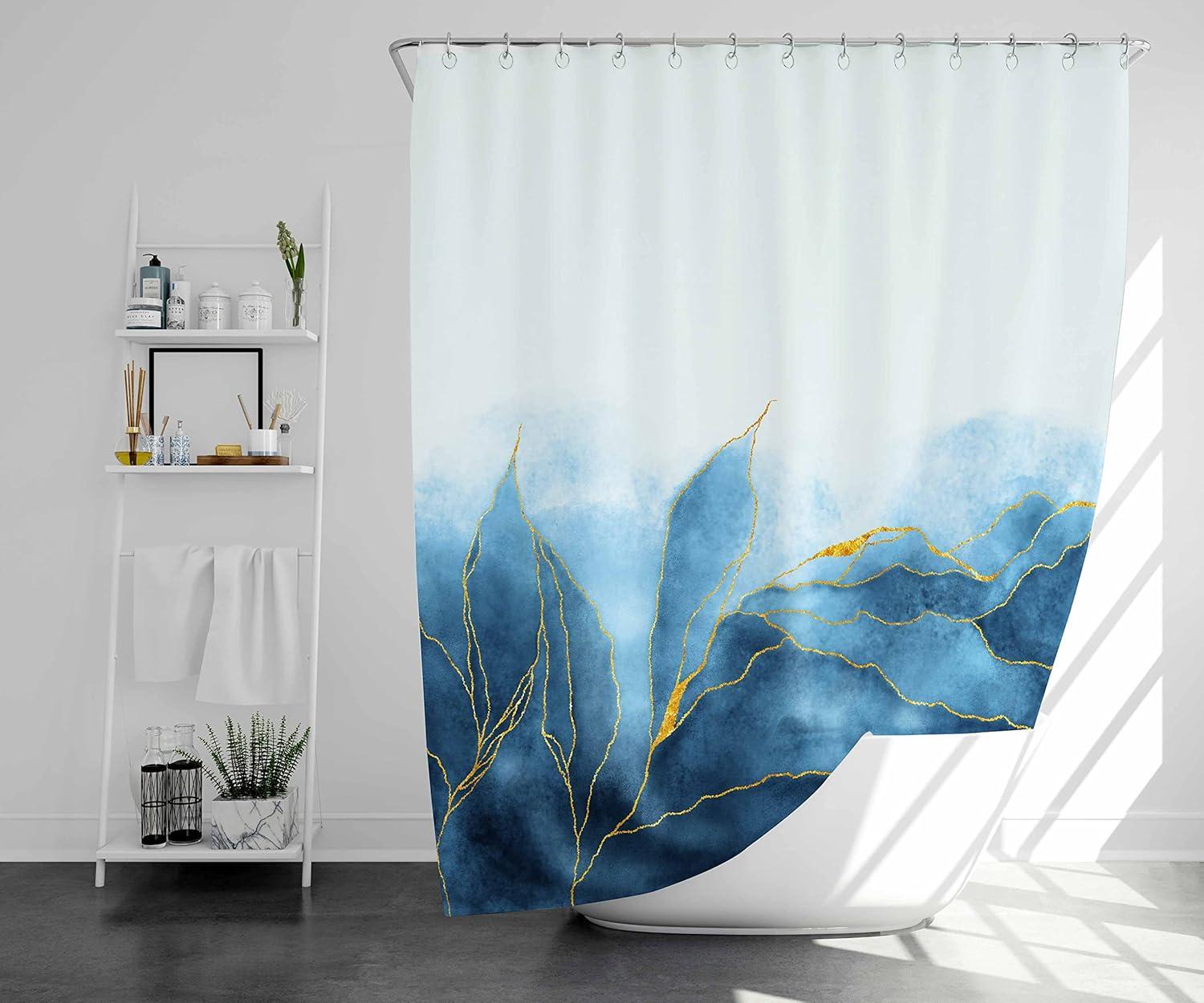 Marble Shower Curtain Ombre Blue Gold, Modern for Bathroom Blue Golden Lines Striped Fabric Waterproof Polyester, 72 x 72 Inches