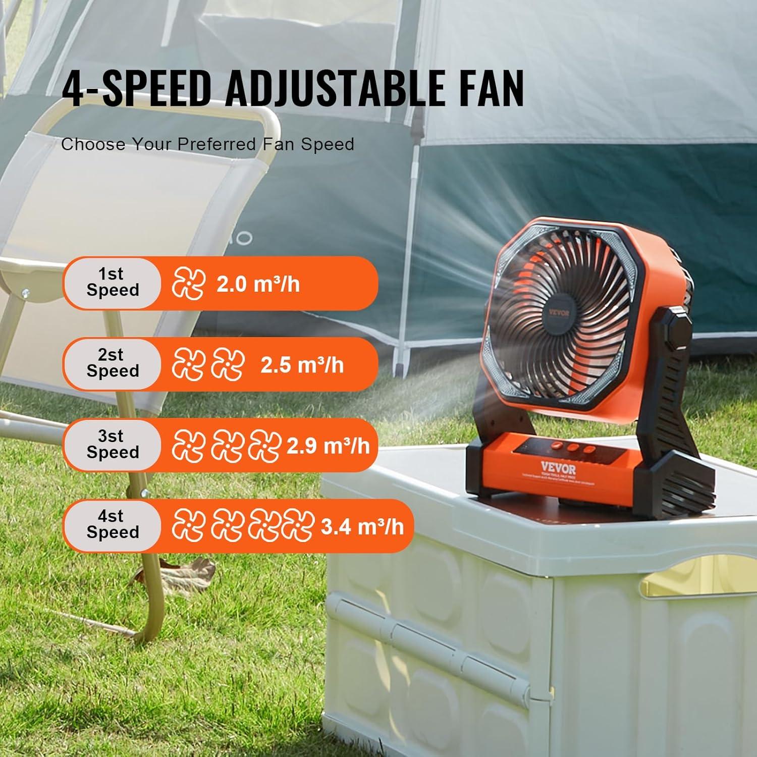 VEVOR 8-Inch Orange Rechargeable Desk Fan with LED Lantern