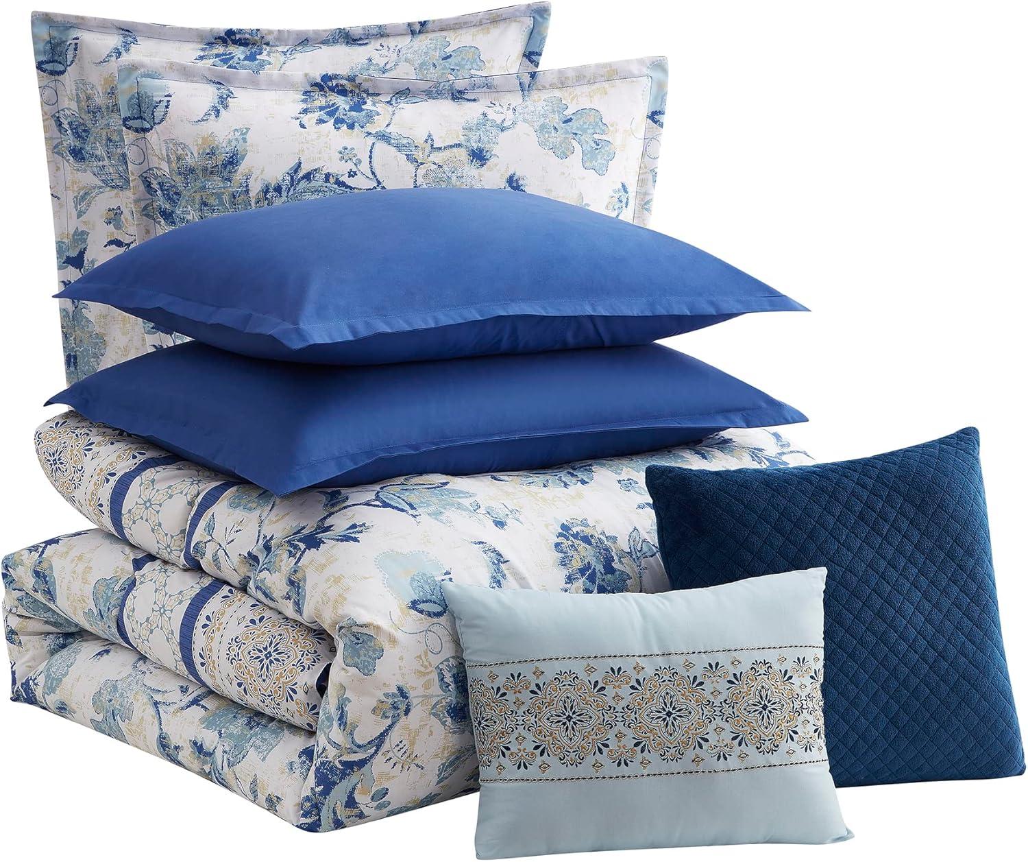 Queen Blue Floral Microfiber 7-Piece Bed in a Bag Set