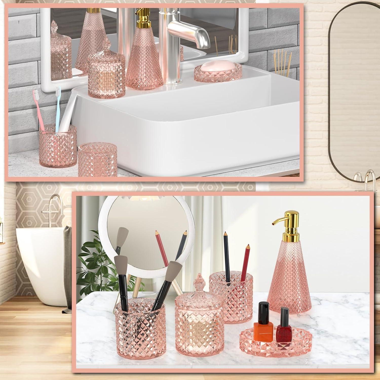 Pink Diamond-Cut Glass and Gold Bathroom Accessory Set