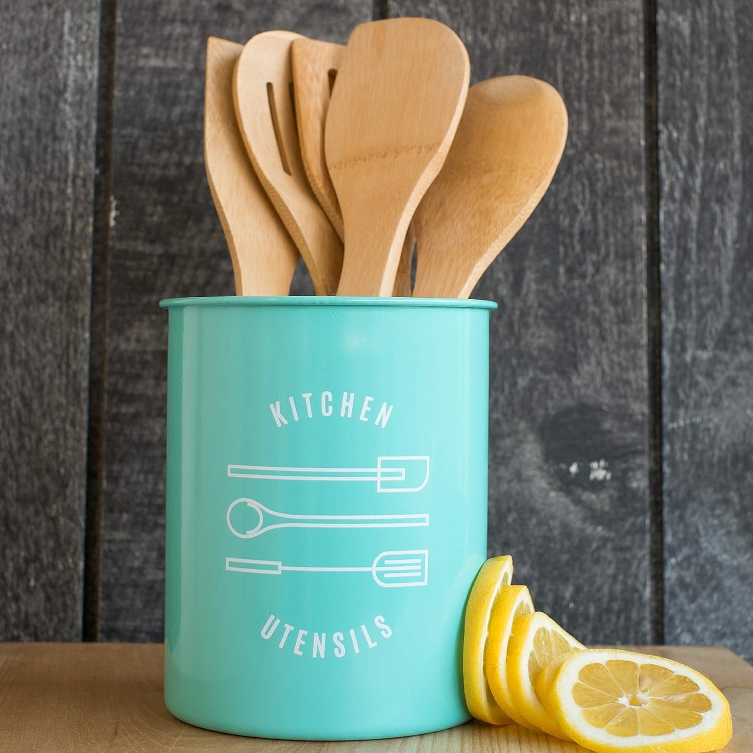 Turquoise Powder-Coated Steel Kitchen Utensil Crock