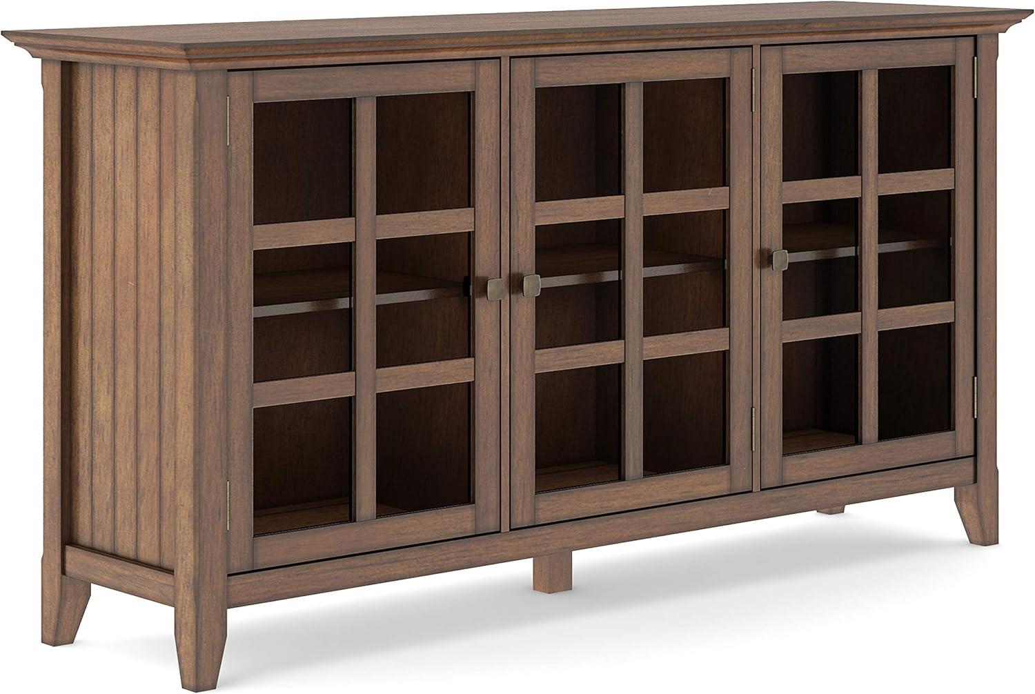 Simpli Home Acadian 62"W Solid Wood 3-Shelf Storage Cabinet with Tempered Glass Doors and Adjustable Shelves
