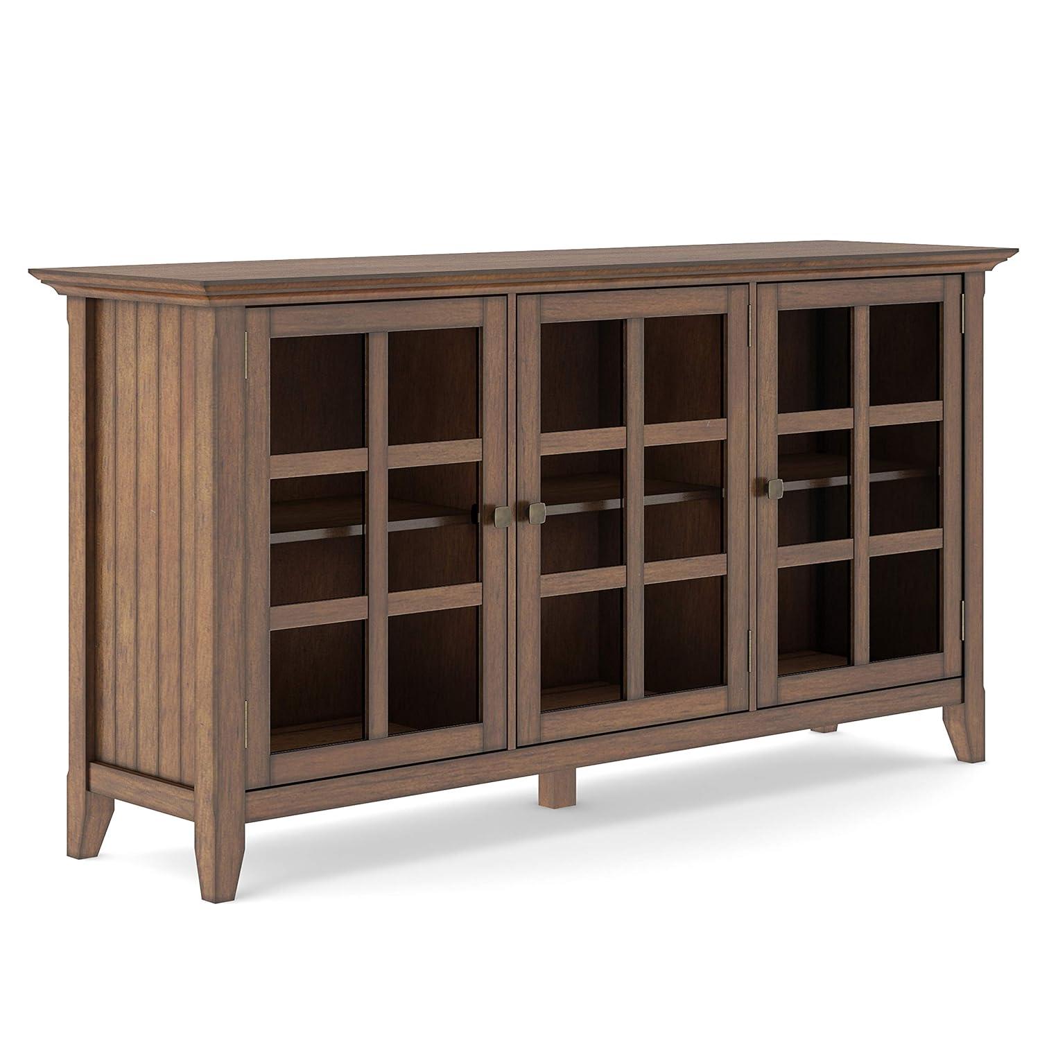 Simpli Home Acadian 62"W Solid Wood 3-Shelf Storage Cabinet with Tempered Glass Doors and Adjustable Shelves