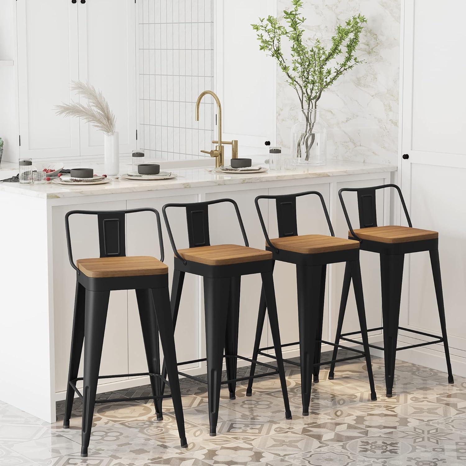 Set of 4 Black Metal and Wood Counter Stools