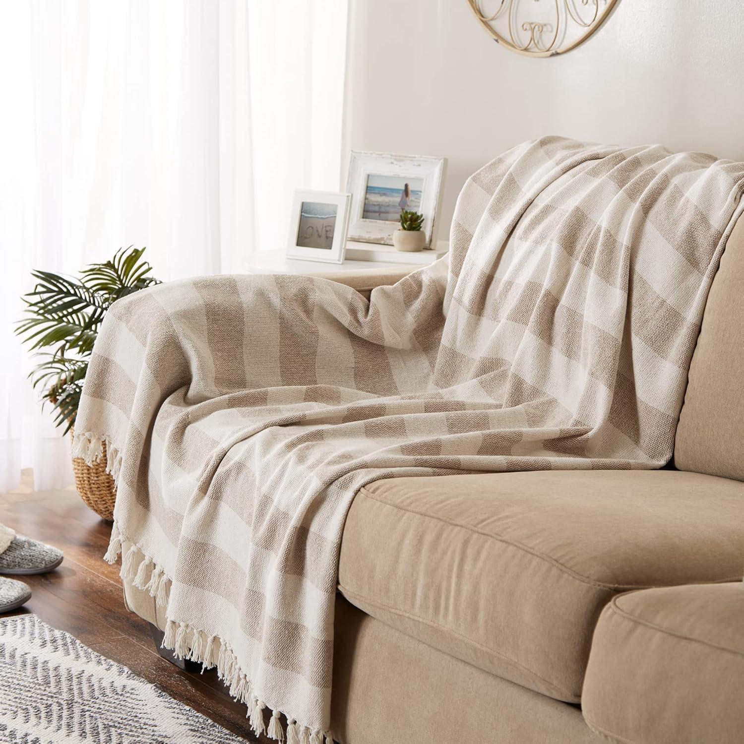 Beige and Off-White Cotton Striped Throw Blanket with Fringe