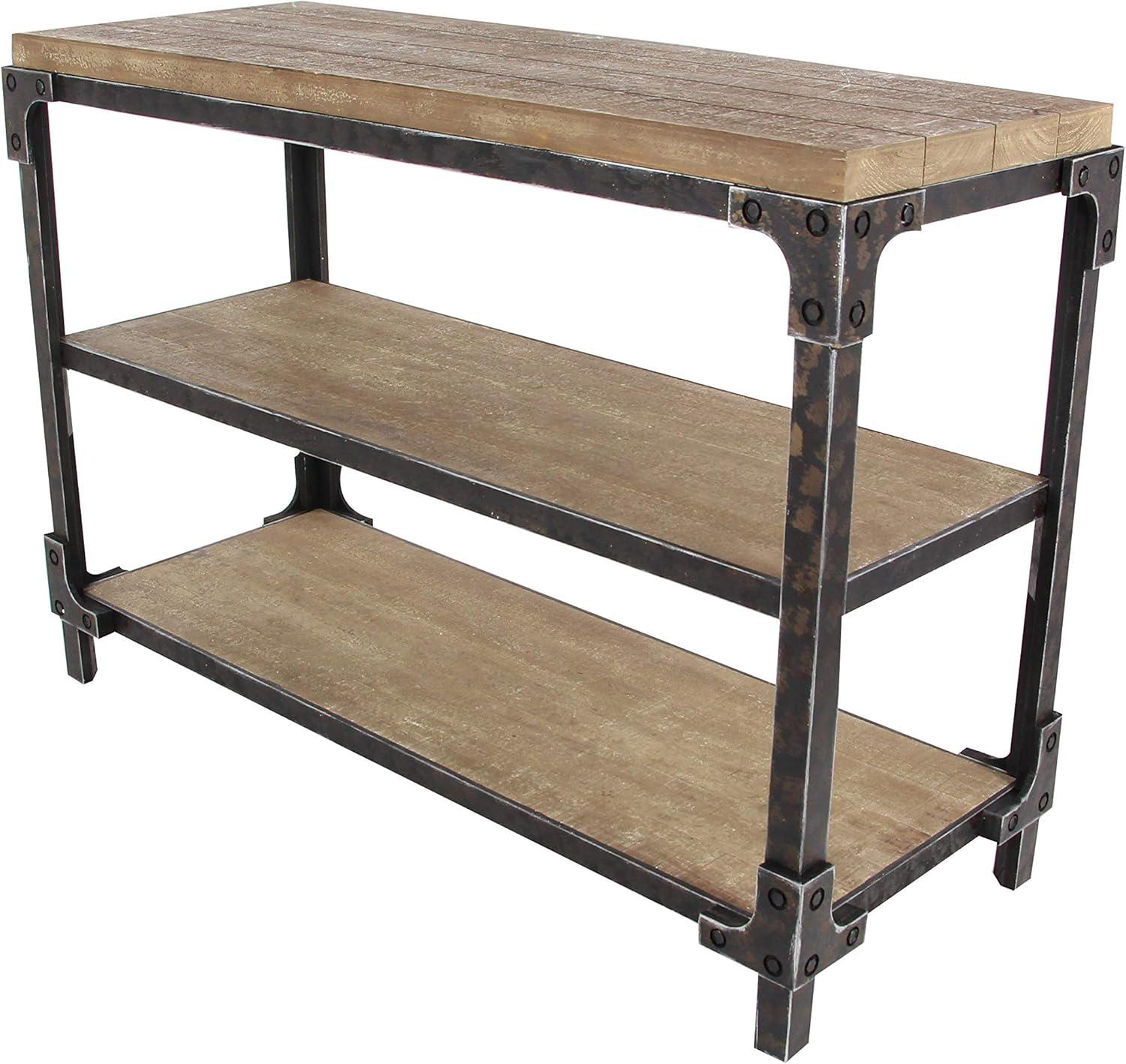 Olivia & May Rustic 3 Tier Console Table Brown: Industrial Style, Fixed Shelves, Wood Frame, Entryway Storage