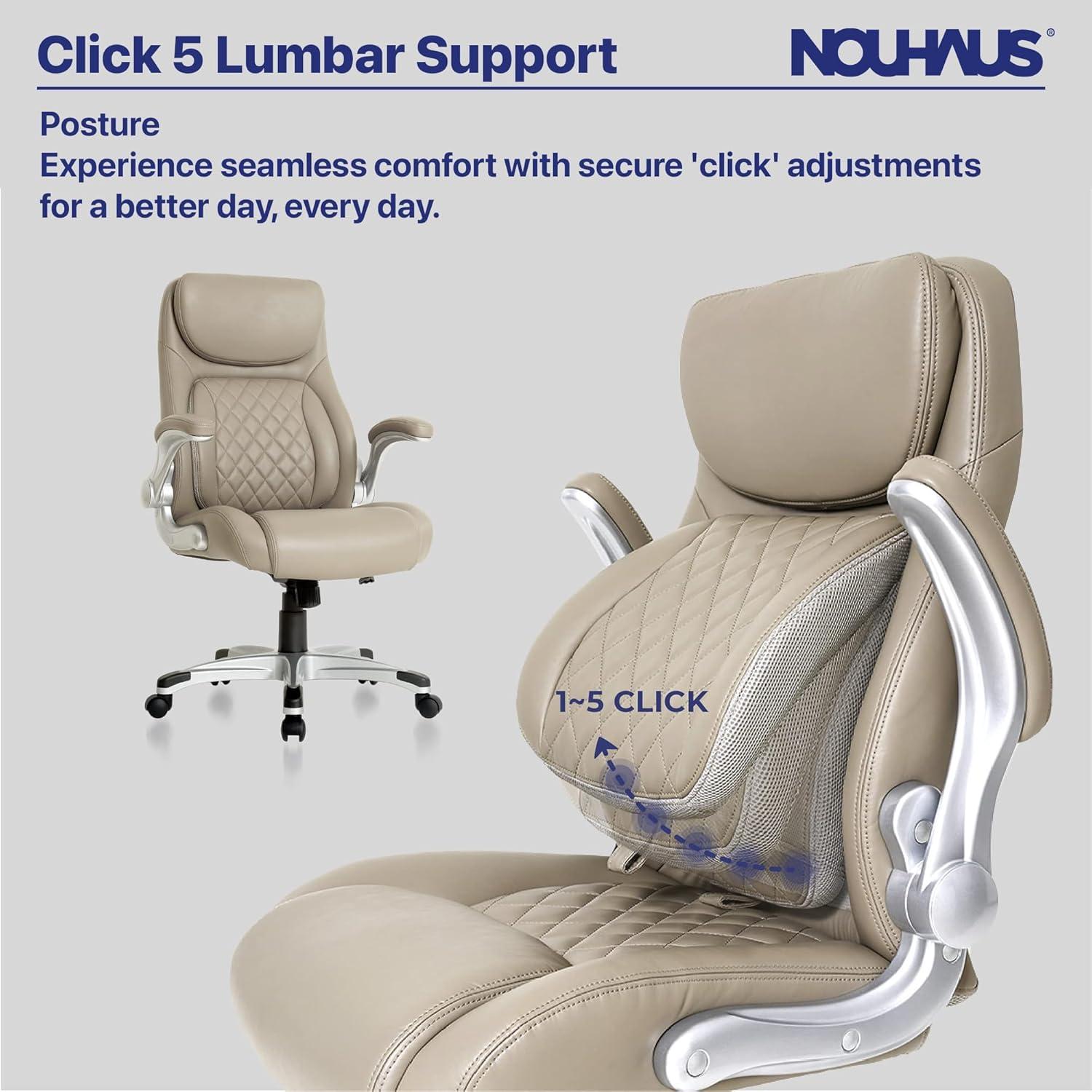 Nouhaus Posture Ergonomic PU Leather Office Chair. Click5 Lumbar Support with FlipAdjust Armrests. Modern Executive Chair and Computer Desk Chair