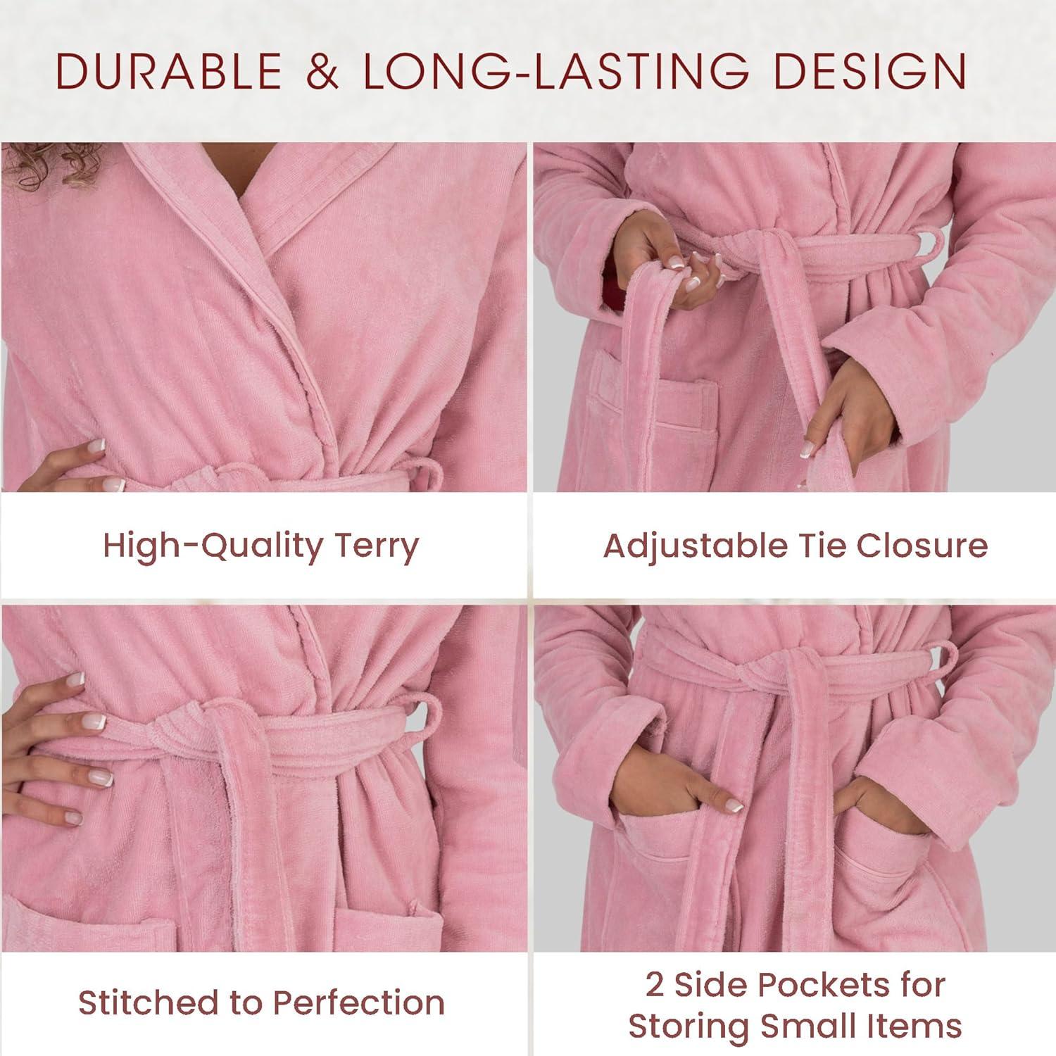 Arus Women's Turkish Terry Cotton Hooded Robe, Full Length Long Bathrobe with Hood , Rose , X Small