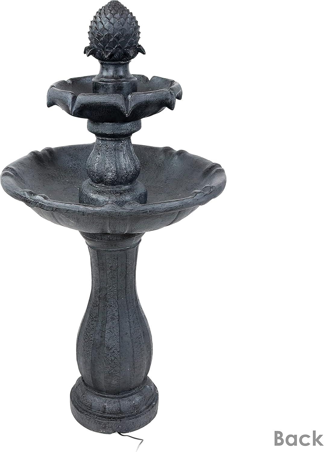Sunnydaze Outdoor 2-Tier Solar Powered Pineapple Top Water Fountain with Battery Backup and Submersible Pump - 46" - Black
