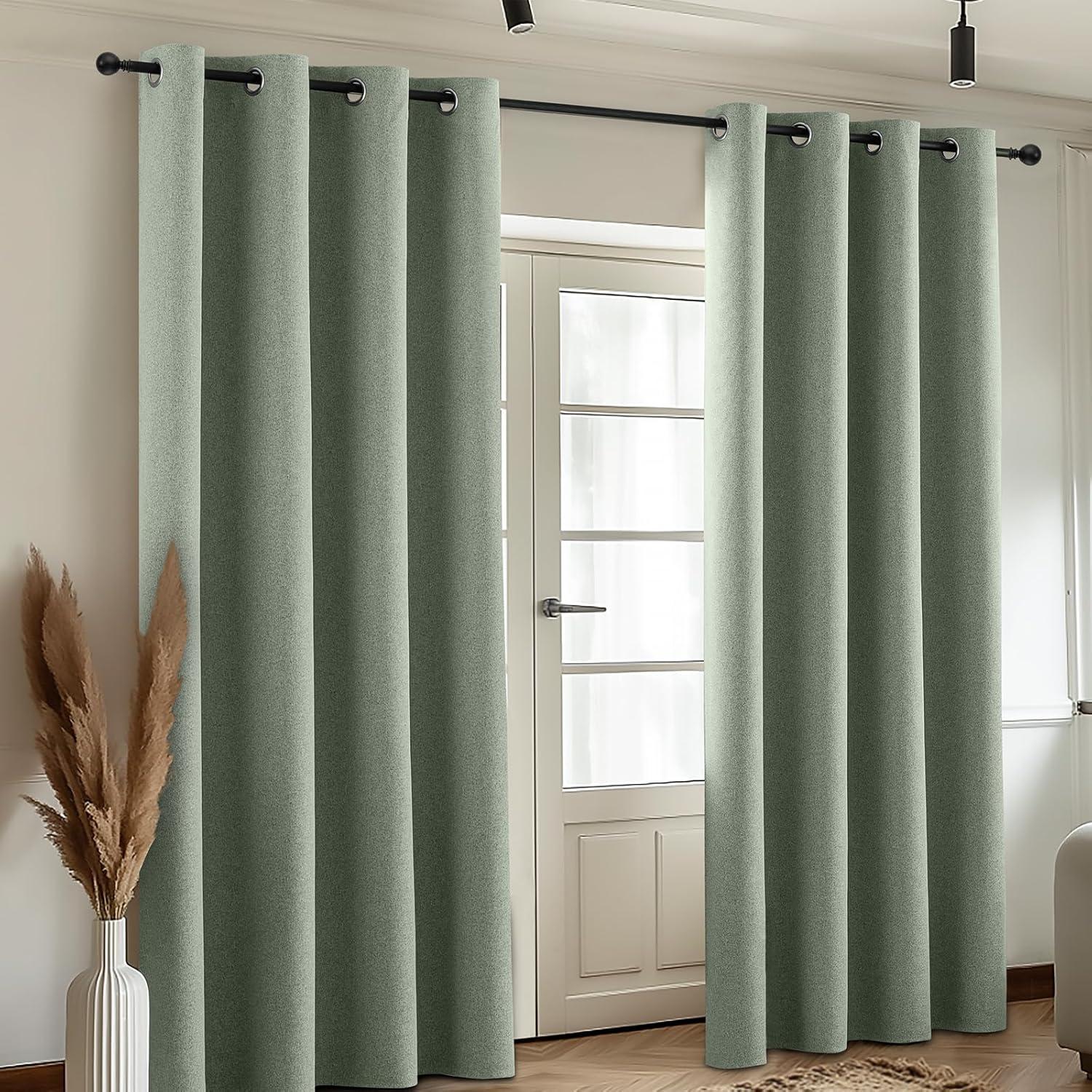 COSVIYA 100% Blackout Sage Green Linen Curtains & Drapes 84 Inch Length 2 Panels Set, Full Room Darkening Grommet Insulated Thermal Window Panels for Bedroom/Living Room,52x84 inches