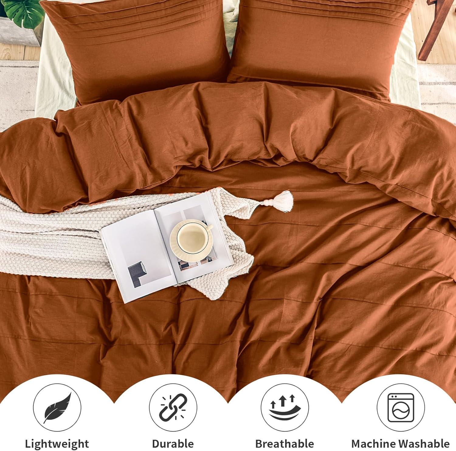NEXHOME PRO Duvet Cover Set 100% Washed Cotton Oversized Queen 98"x98", Organic Natural Linen Look Textured 3 Pieces Bedding Set Apricot Yellow with Zipper Closure, Breathable, Soft (No Comforter)
