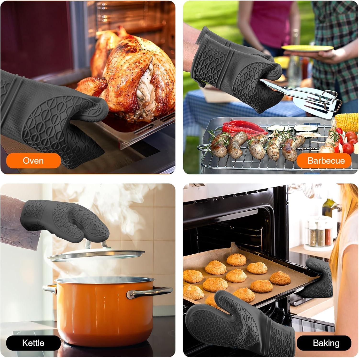 Silicone Oven Mitts, Oven Gloves with Non-Slip Waterproof - 2PCS Black Oven Mittens Heat Resistant 600 Degree, Soft Lining Silicone Oven mits for Cooking Baking Kitchen Mitten