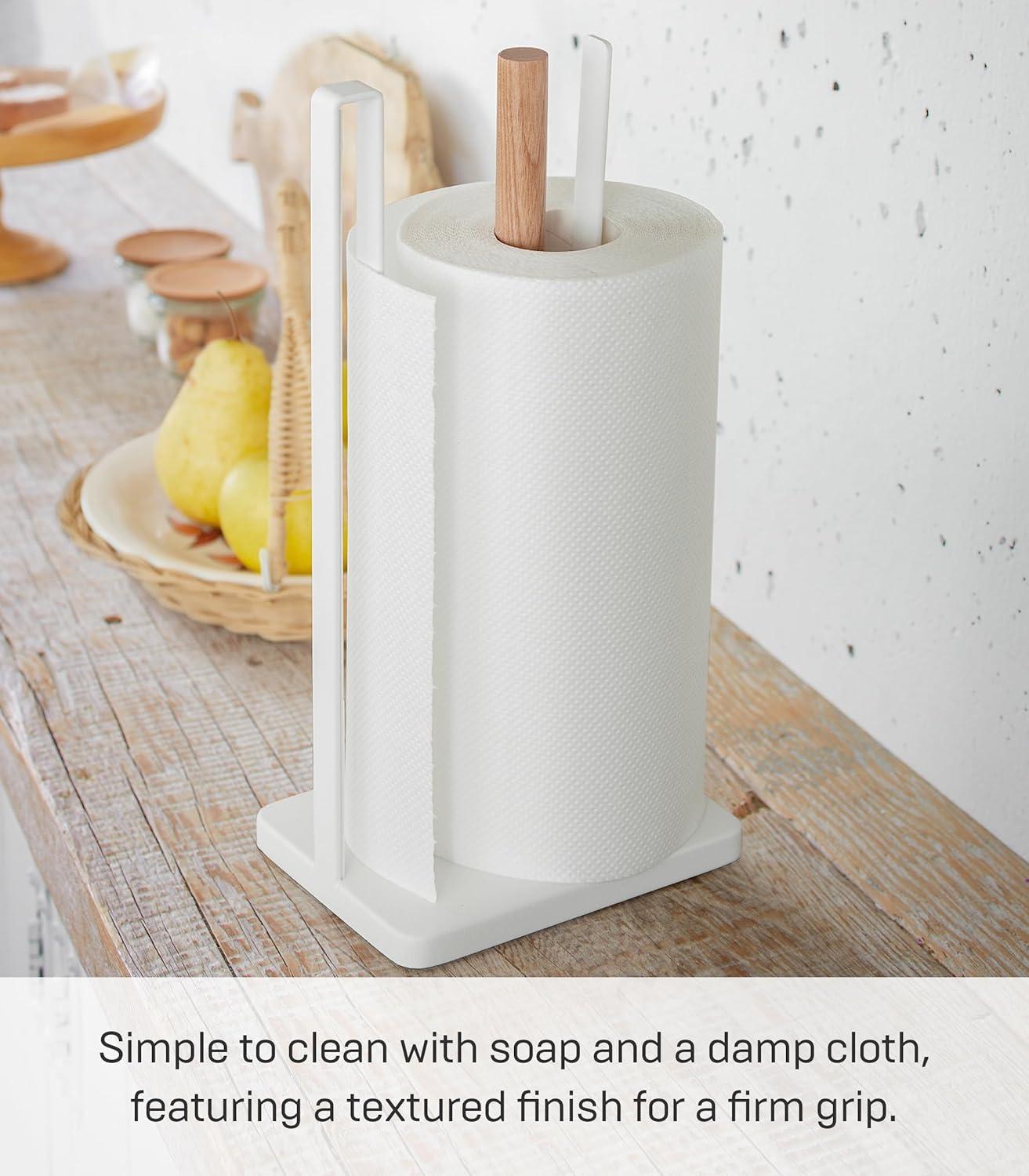 Yamazaki Home One-Handed Tear Paper Towel Holder - Kitchen Storage Rack, Steel + Wood