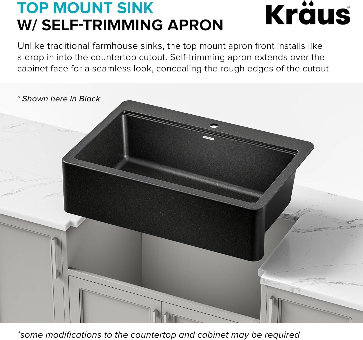 KRAUS Bellucci 33” Workstation Drop In Retrofit Farmhouse Single Bowl Granite Kitchen Sink With Accessories