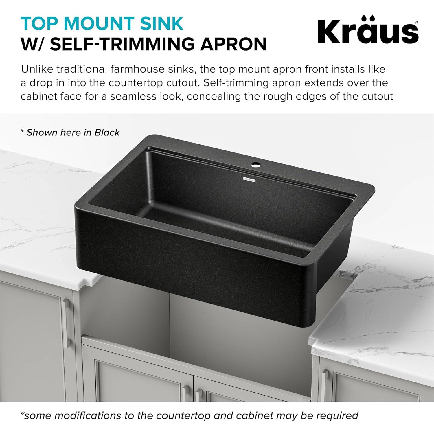 KRAUS Bellucci 33” Workstation Drop In Retrofit Farmhouse Single Bowl Granite Kitchen Sink With Accessories