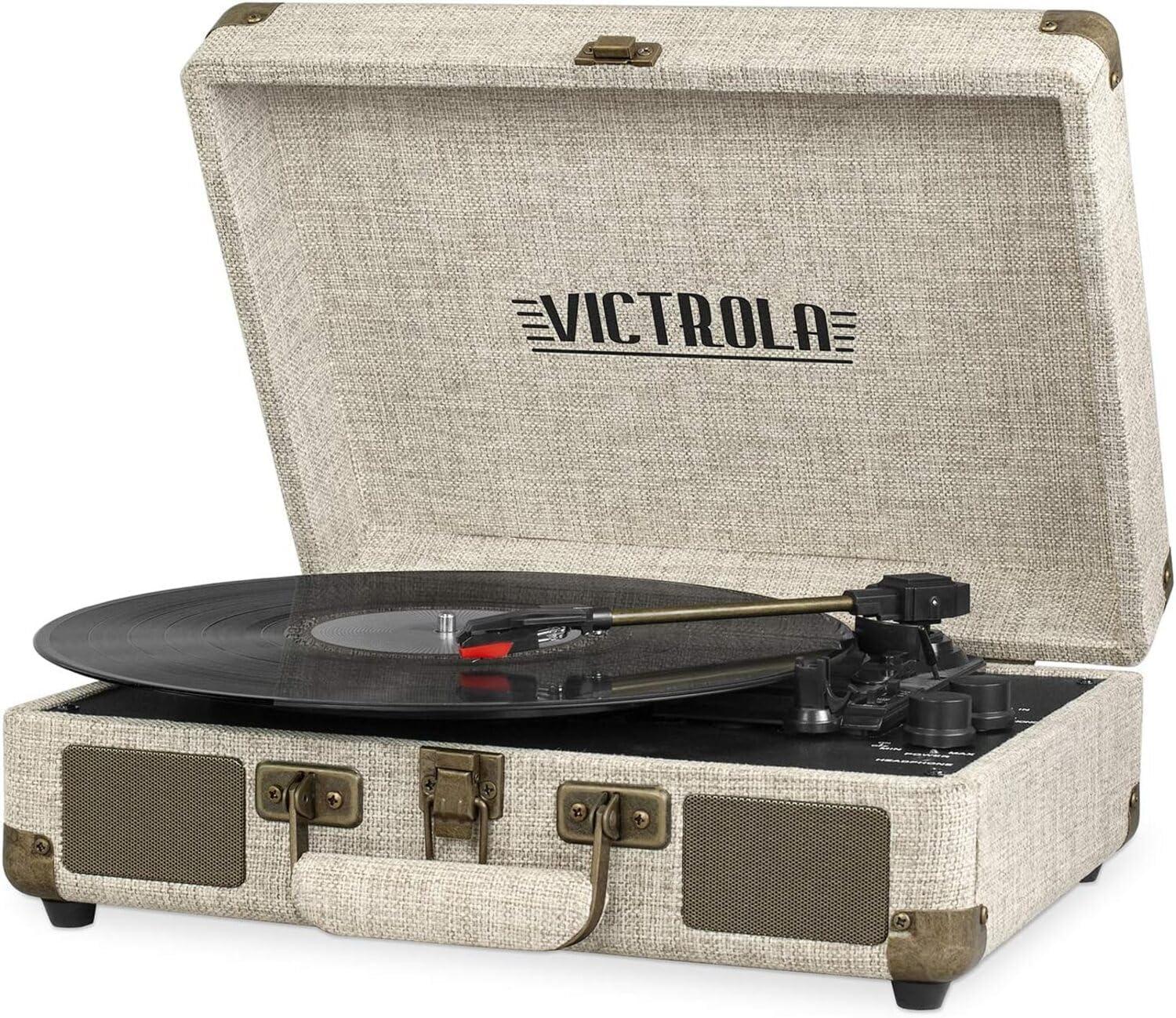 Light Beige Portable Vintage Bluetooth Suitcase Record Player