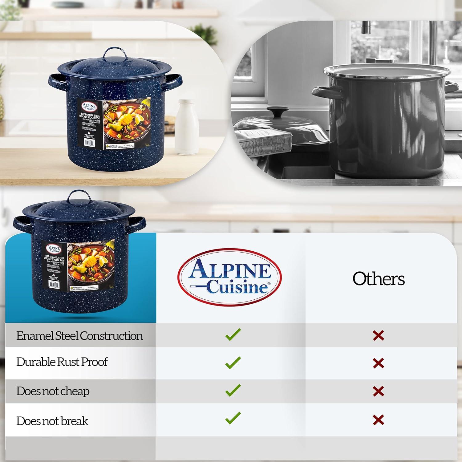Alpine Cuisine Enamel Steel Dark Blue Speckle Stock Pot 8-qt with Lid, Healthy Cookware Commercial Grade Stockpots, Multi Cooking Pot for Stew, Sauce & Reheat Food, Compatible for Family Meals