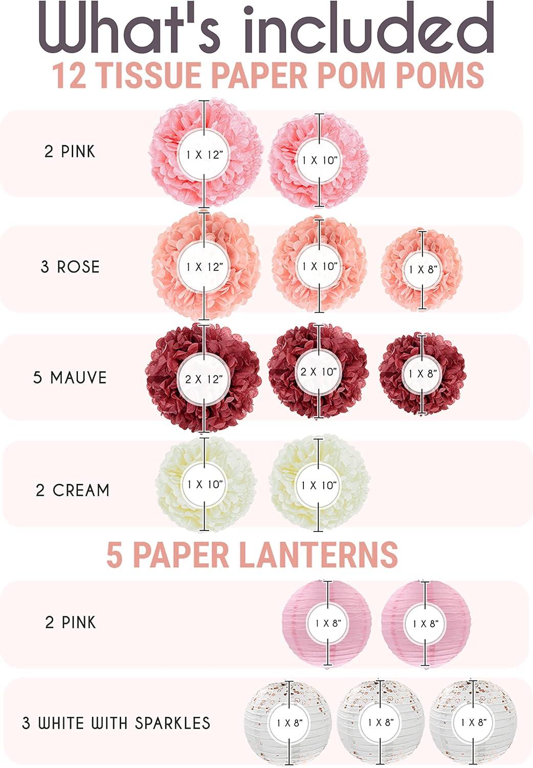 EpiqueOne 22-Piece Tissue Paper Pom Poms and Paper Lantern Party Kit - Add a Splash of White, Pink, & Mauve to Your Celebrations!