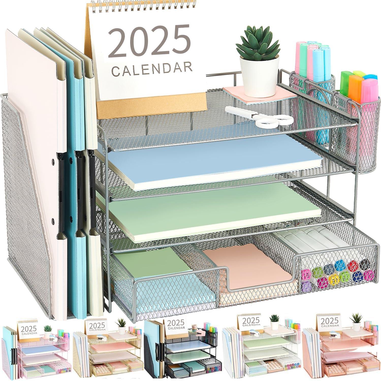 gianotter Desk Organizers and Accessories with File Holder, 4-Tier Desk Accessories & Workspace Organizers with Drawer and 2 Pen Holder, Paper Organizer for Office Supplies (Grey)