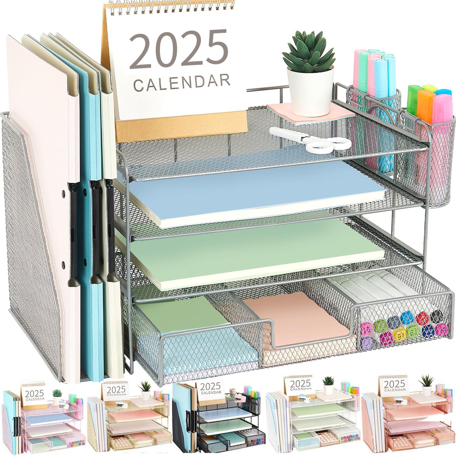 gianotter Desk Organizers and Accessories with File Holder, 4-Tier Desk Accessories & Workspace Organizers with Drawer and 2 Pen Holder, Paper Organizer for Office Supplies (Grey)