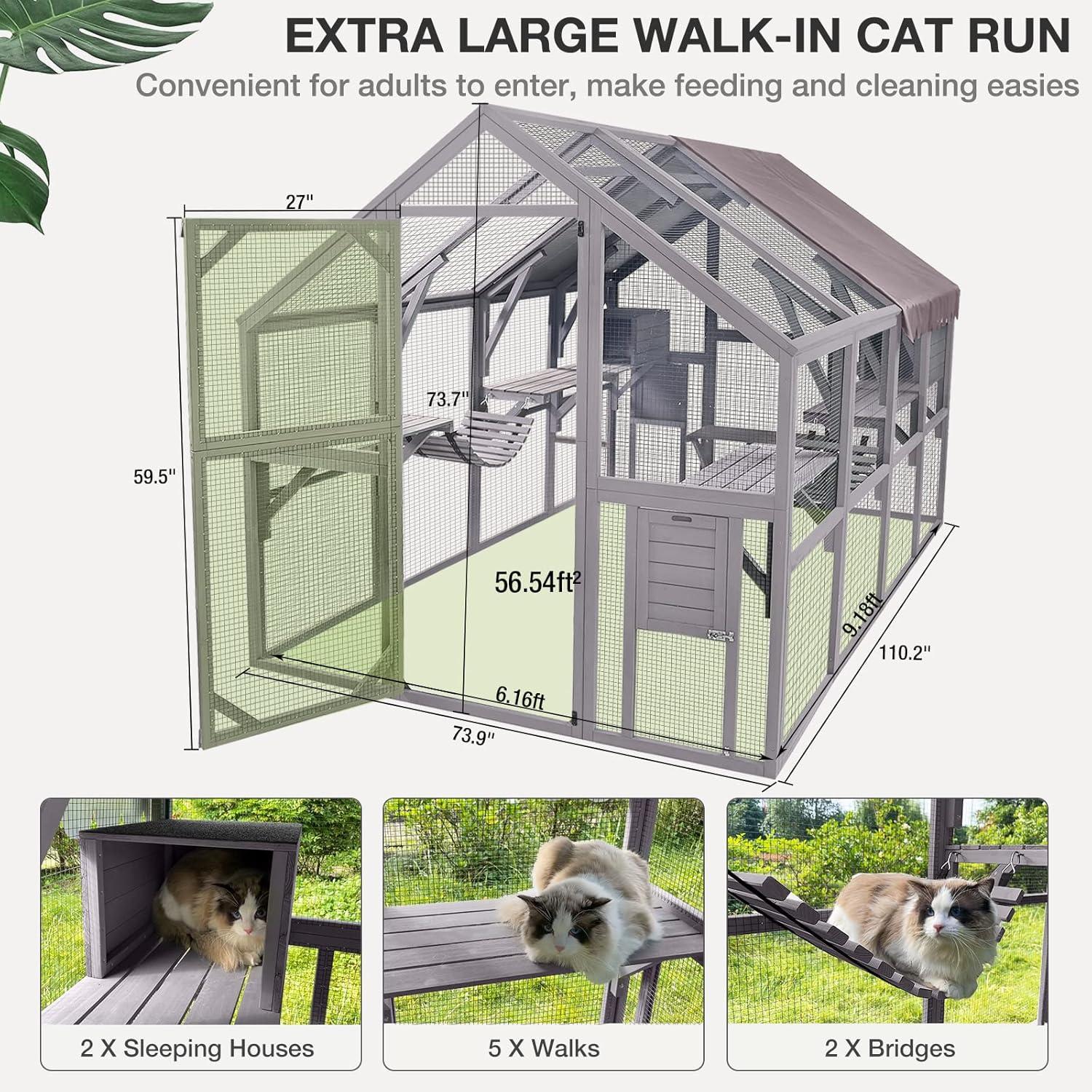 Uforic 110" Catio Outdoor Cat Enclosure Large Wooden Cat House with with Weatherproof Roof, Cat Scratcher Ramp, Space Capsule Bed, 2 Bridges, 2 Resting Houses, 7 Platforms for Multiple Cats