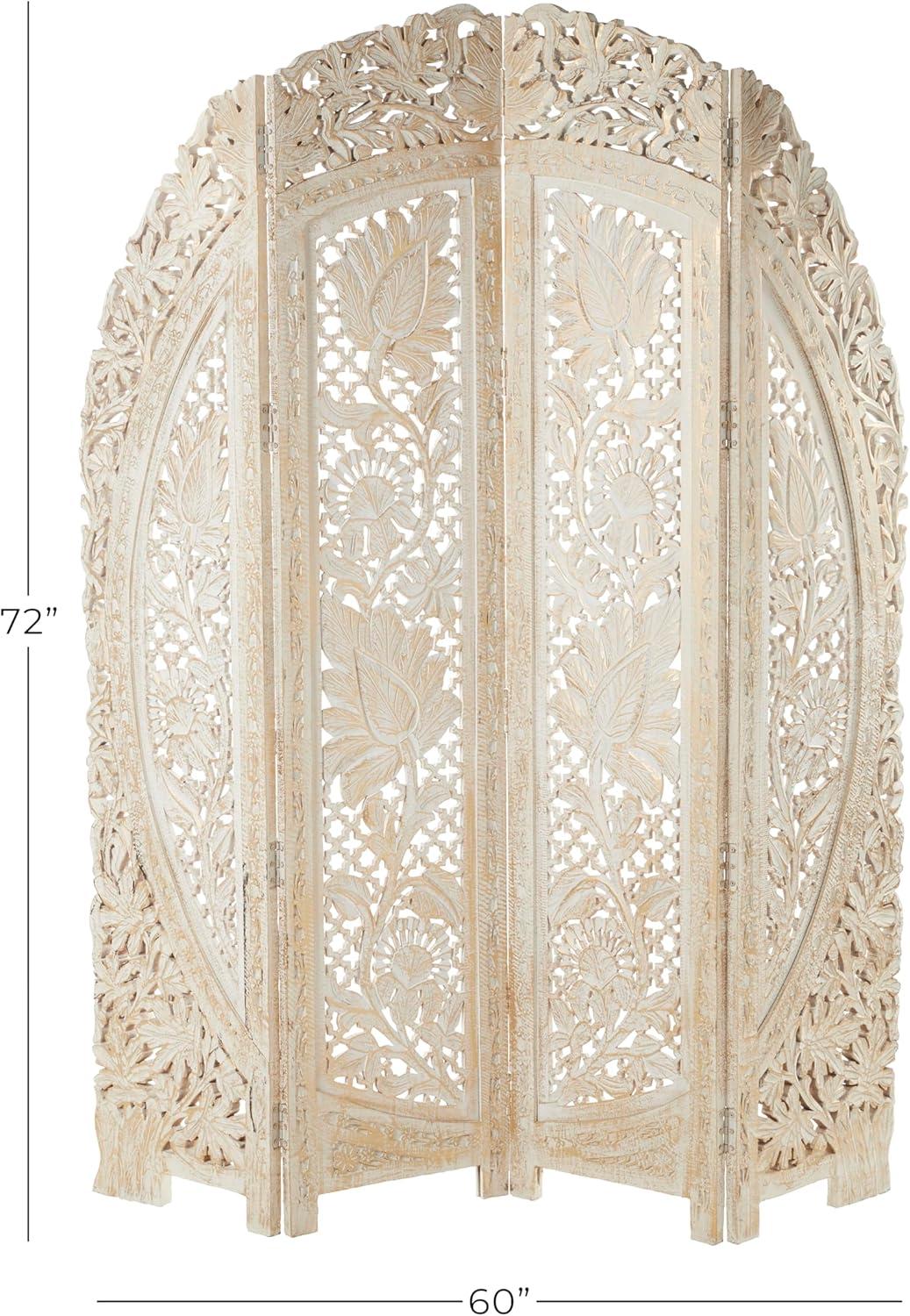 DecMode 60" x 72" White Wood Floral Handmade Foldable Arched Partition 4 Panel Room Divider Screen with Intricately Carved Designs, 1-Piece