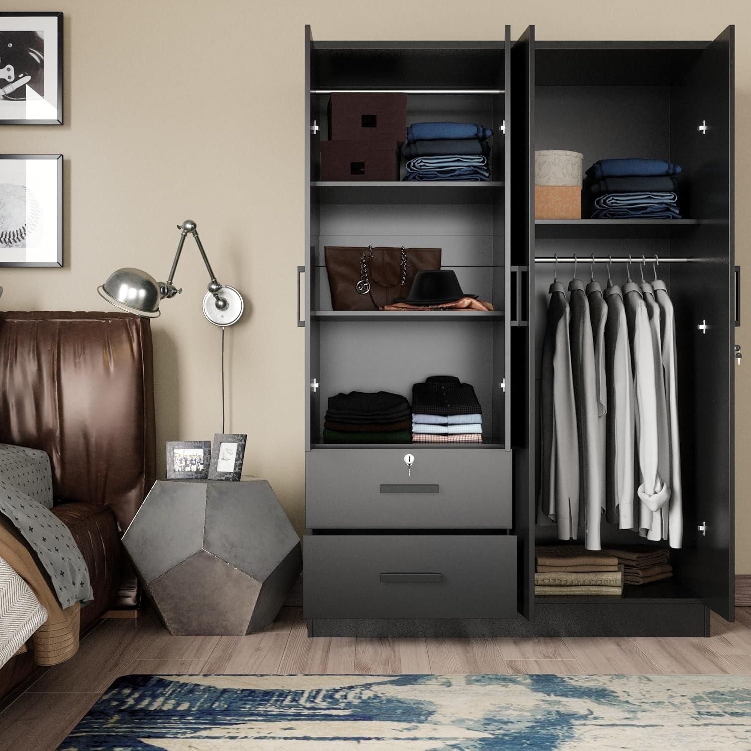 Black Laminated Wood 4-Door Wardrobe with 2 Drawers and Shelves