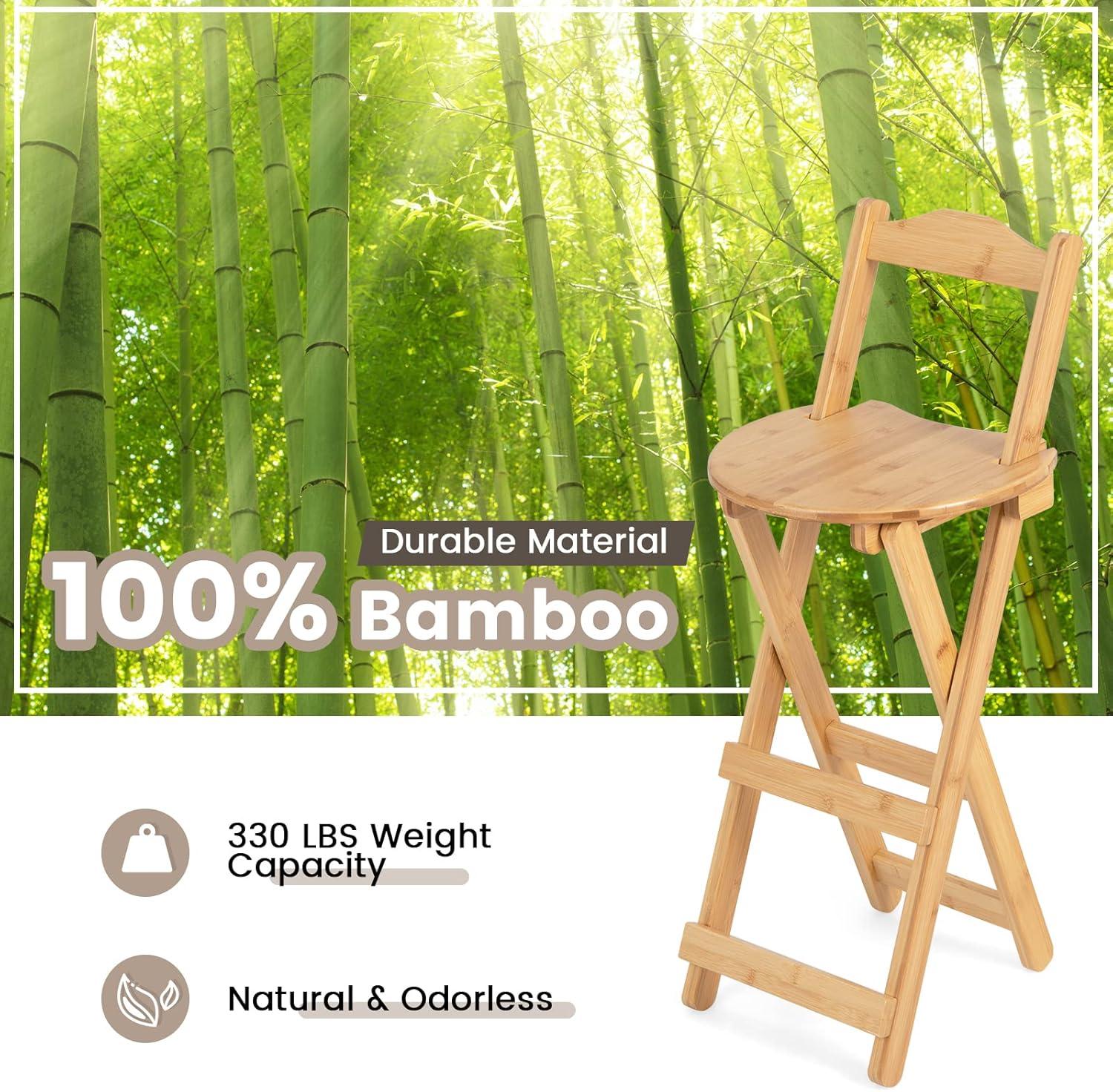 Costway Set of 2 Bamboo Folding Barstools Counter Height Dining Chairs Installation Free