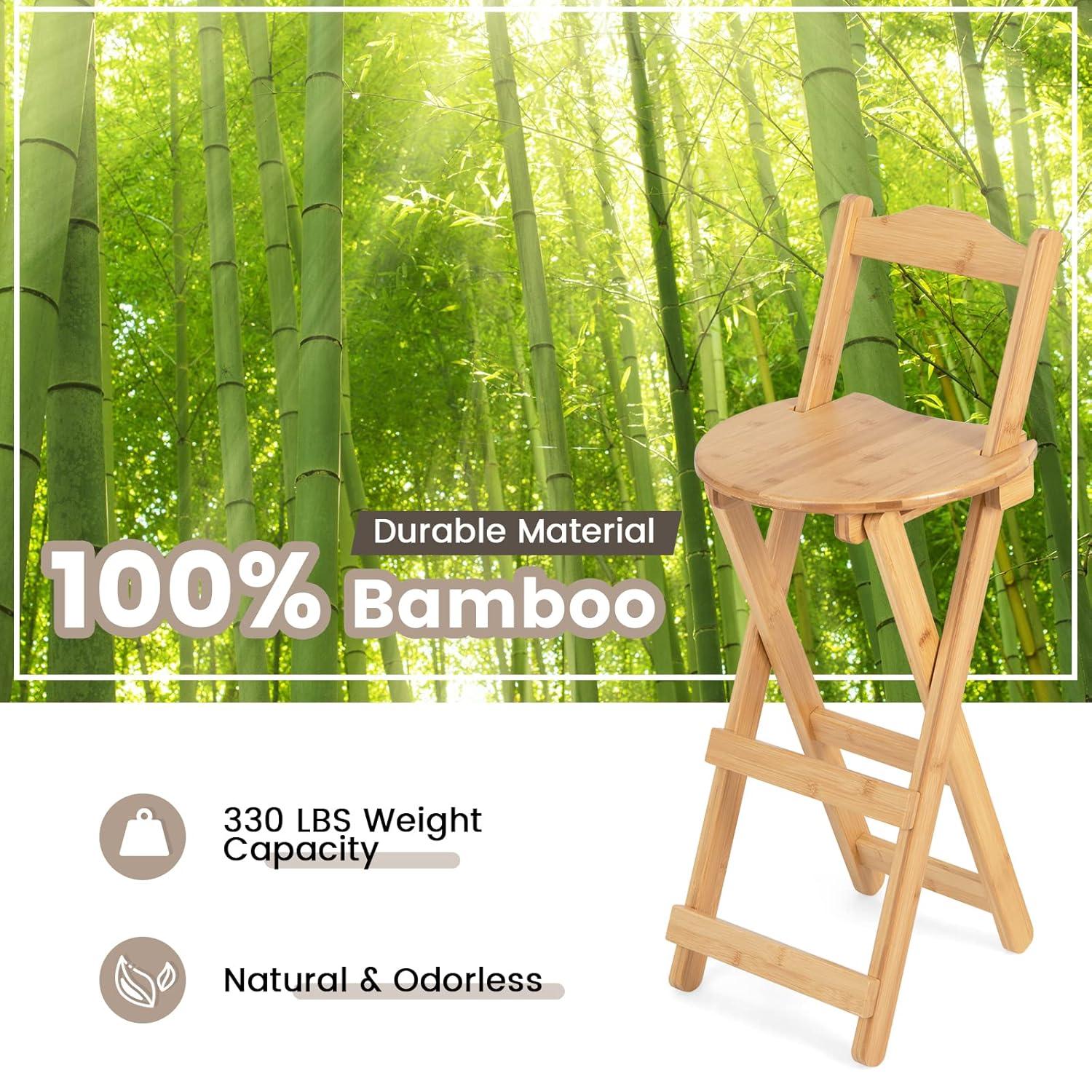 Costway Set of 2 Bamboo Folding Barstools Counter Height Dining Chairs Installation Free