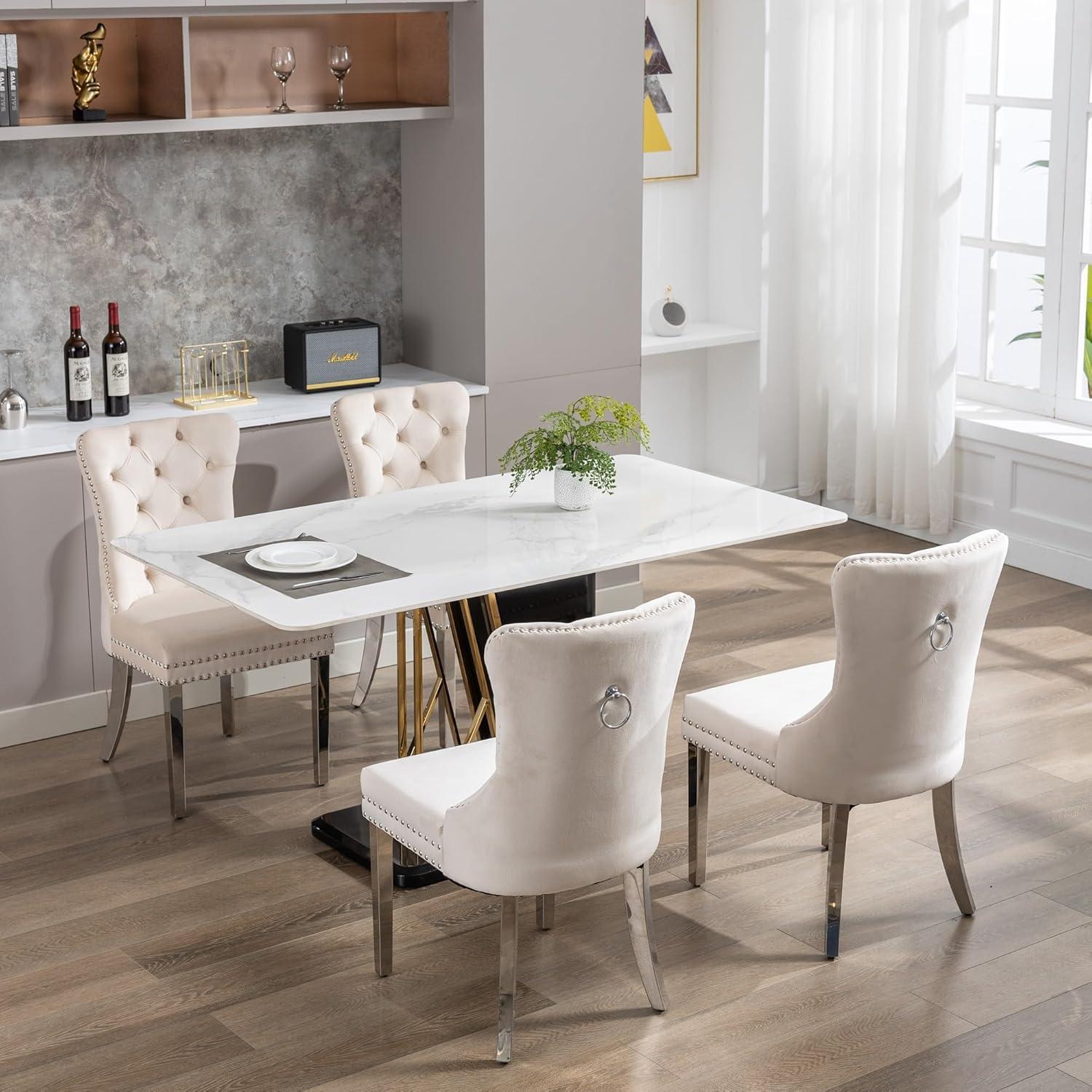 SoarFlash Velvet Dining Chairs Set of 4, Tall Back Side Chair, Modern Upholstered High-end Tufted Side Chair with Button Back Ring, Solid Wood Legs (Beige)