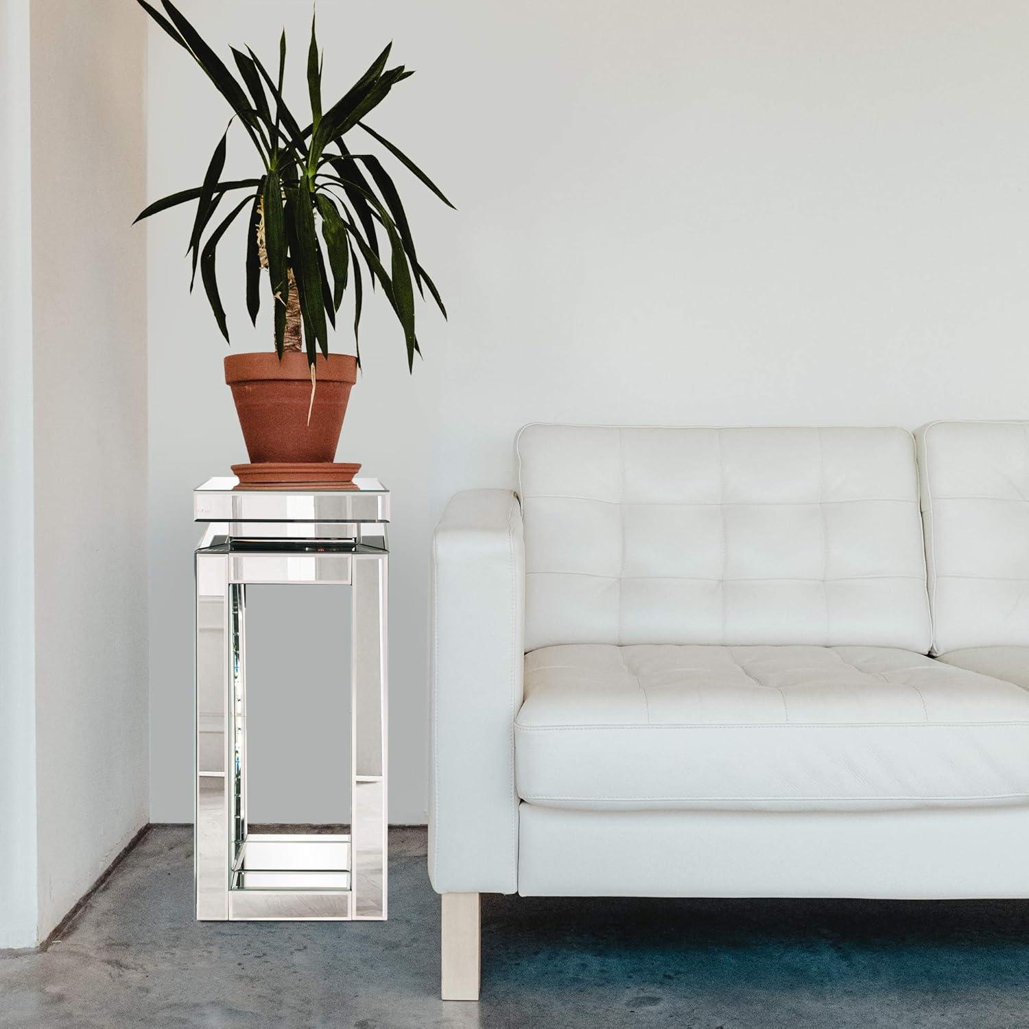 Small Silver Mirrored Pedestal Accent Table with Beveled Edges