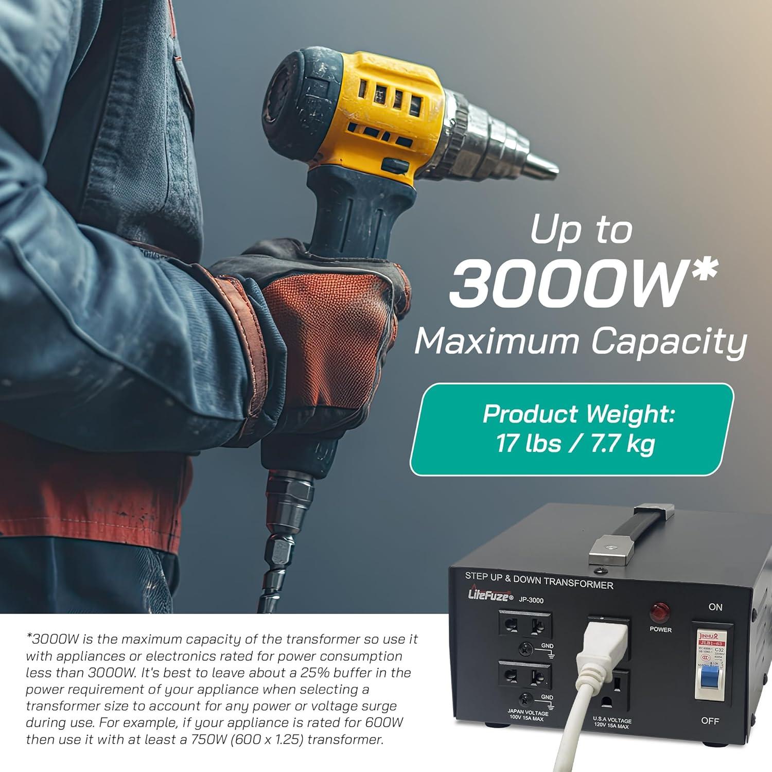 Litefuze 3000W Japan Voltage Converter Transformer - Step Up/down 100v to 120v & 120v to 100v - CE Certified with With Circuit Breaker Protection - 3-Year Warranty.(JP-3000)