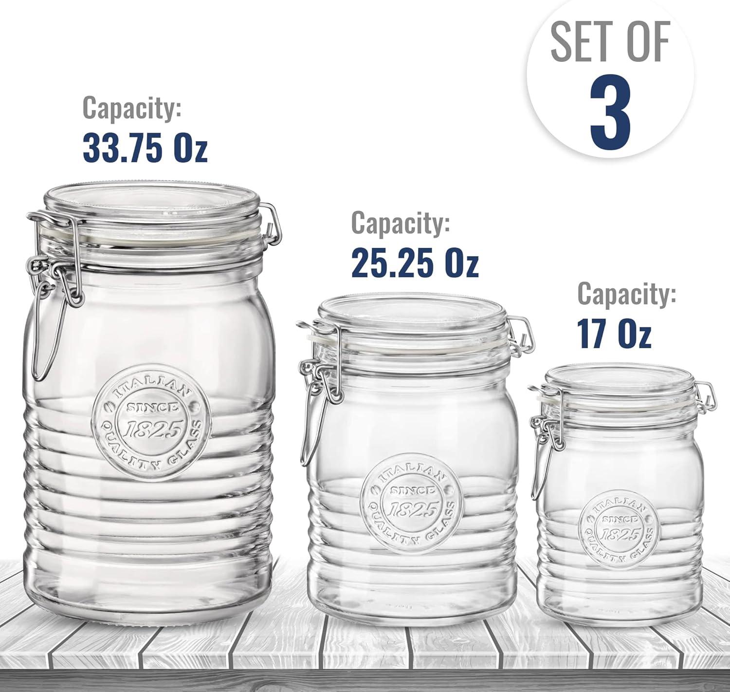 Bormioli Rocco Officina 1825 Variety Pack, Set Of 3 Glass Jars, Wide Opening, With Airtight Hinged Lid, clear