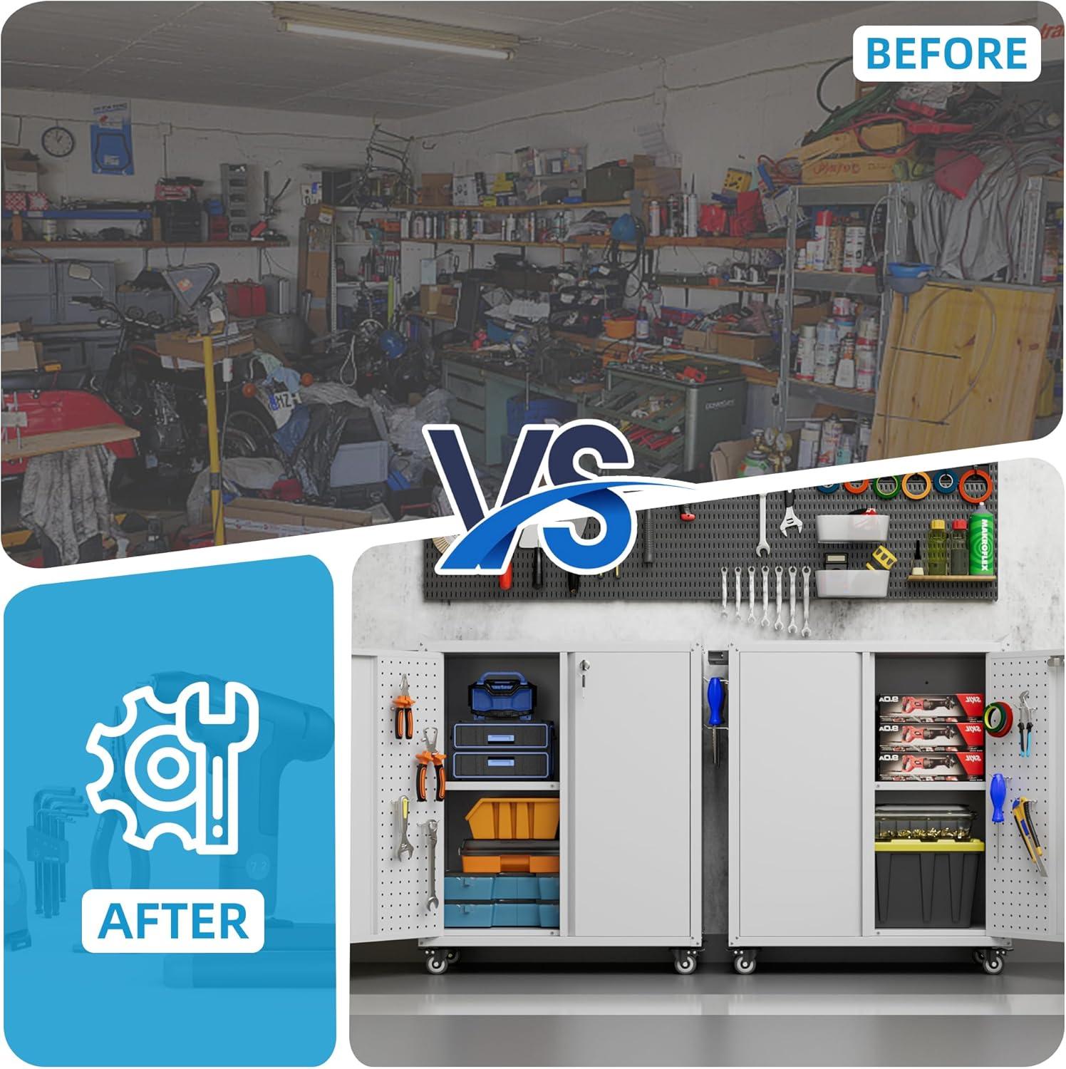 AOBABO 72 Inch Locking Metal Garage Home Office Storage Cabinet with Universal Rubber Wheels/Lockable Casters and Magnetic Doors, White