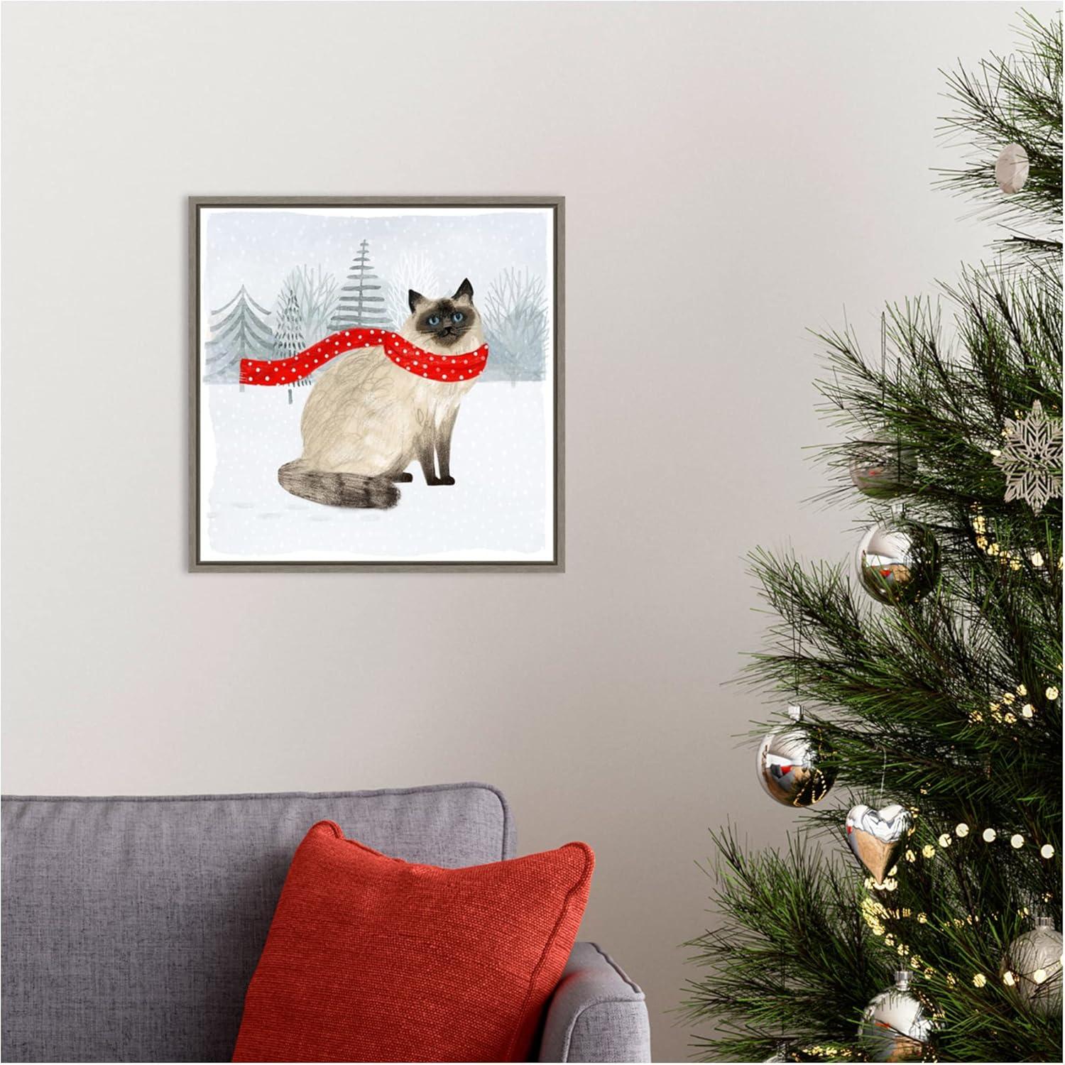 Christmas Himalayan Cat Print on Canvas with Greywash Frame