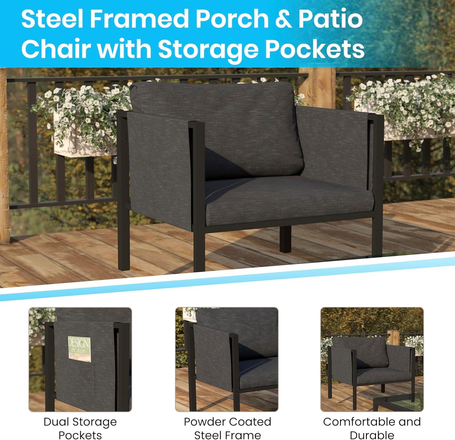 Flash Furniture Lea Indoor/Outdoor Patio Chair with Cushions - Modern Steel Framed Chair with Storage Pockets, Black with Charcoal Cushions