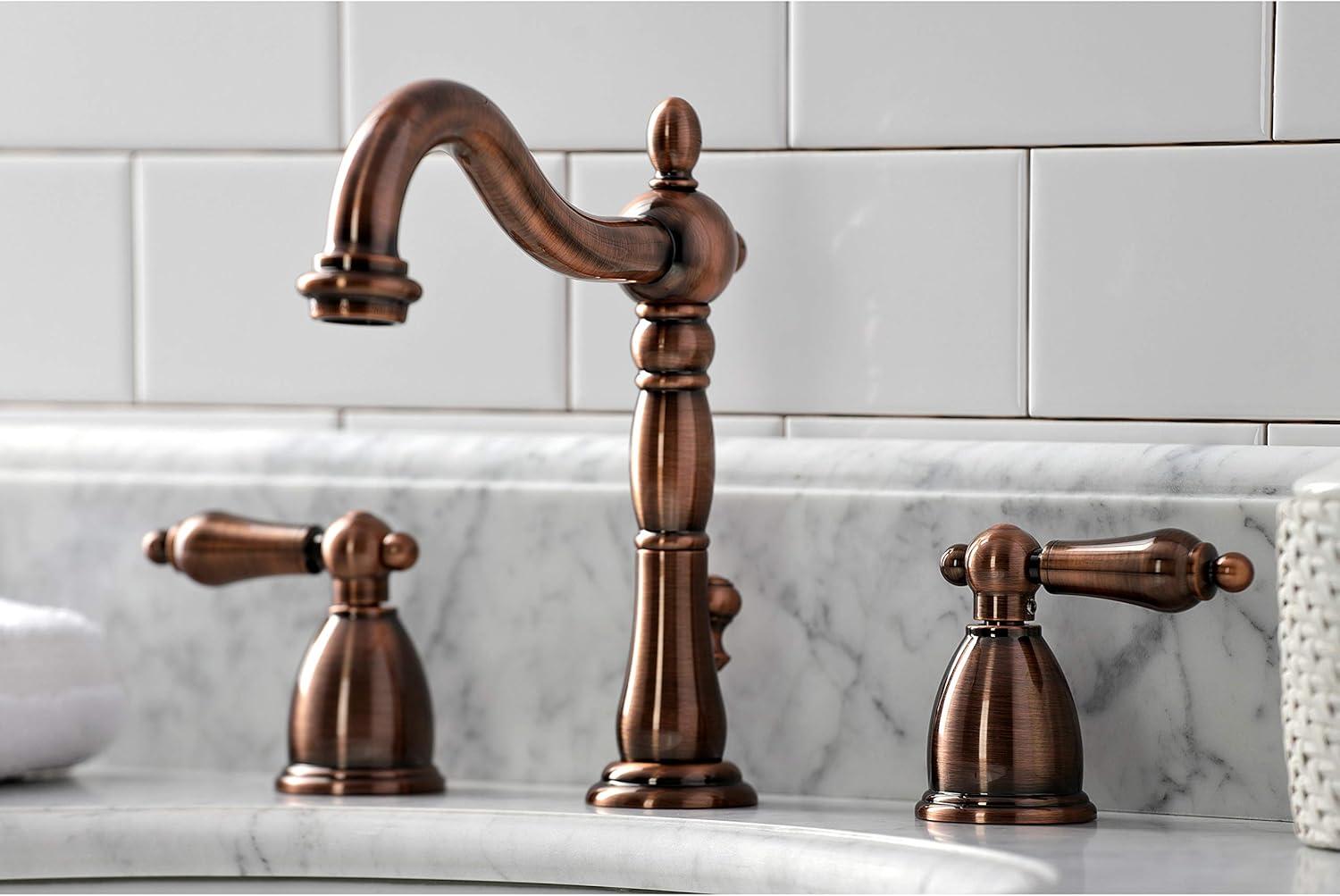 Kingston Brass Heritage Two-Handle 3-Hole Deck Mount Widespread Bathroom Faucet with Brass Pop-Up Drain