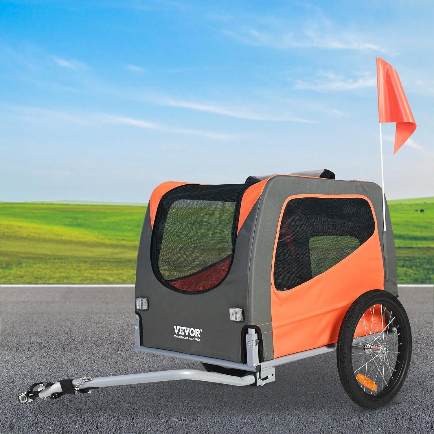 Orange and Gray Folding Dog Bike Trailer with Mesh Windows