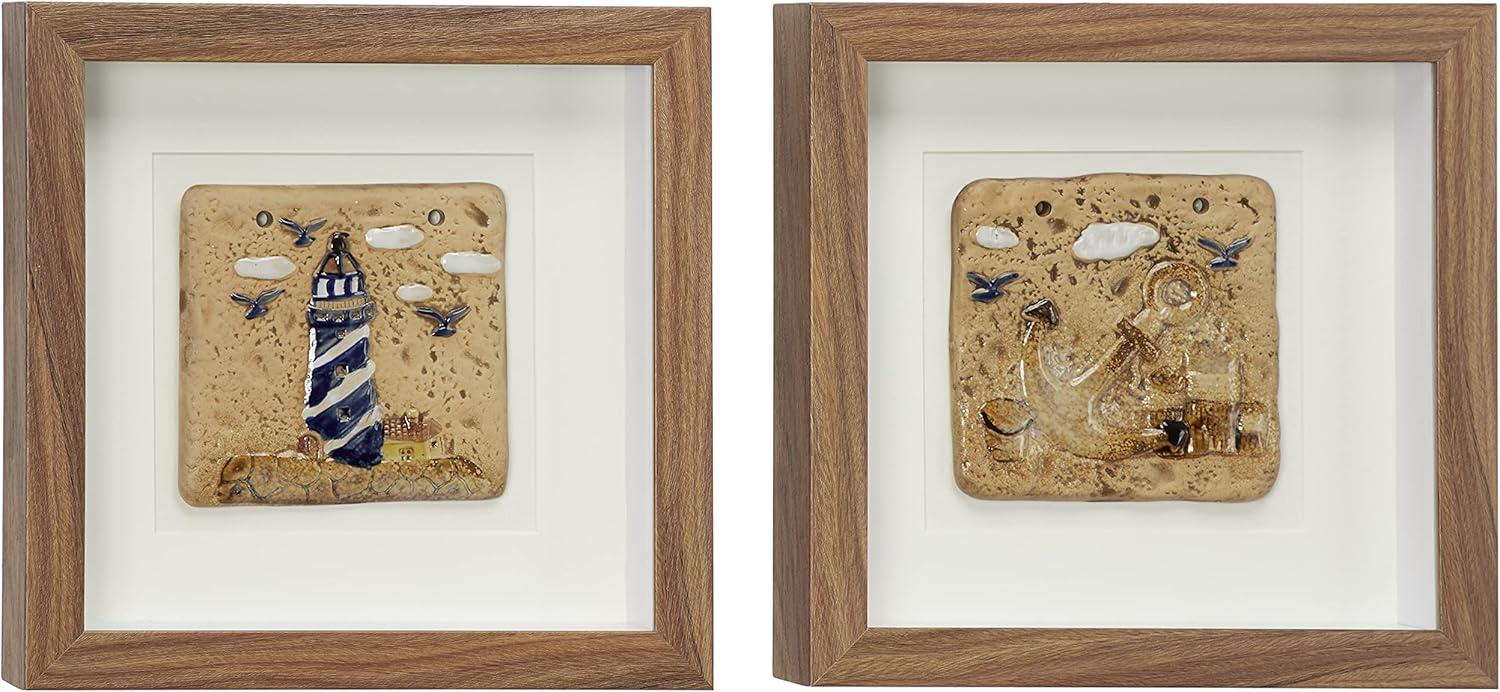 (Set of 2) 12" x 12"Coastal Style Lighthouse and Anchor Shadow Box Wall Decor in Square Wood Frames - Olivia & May
