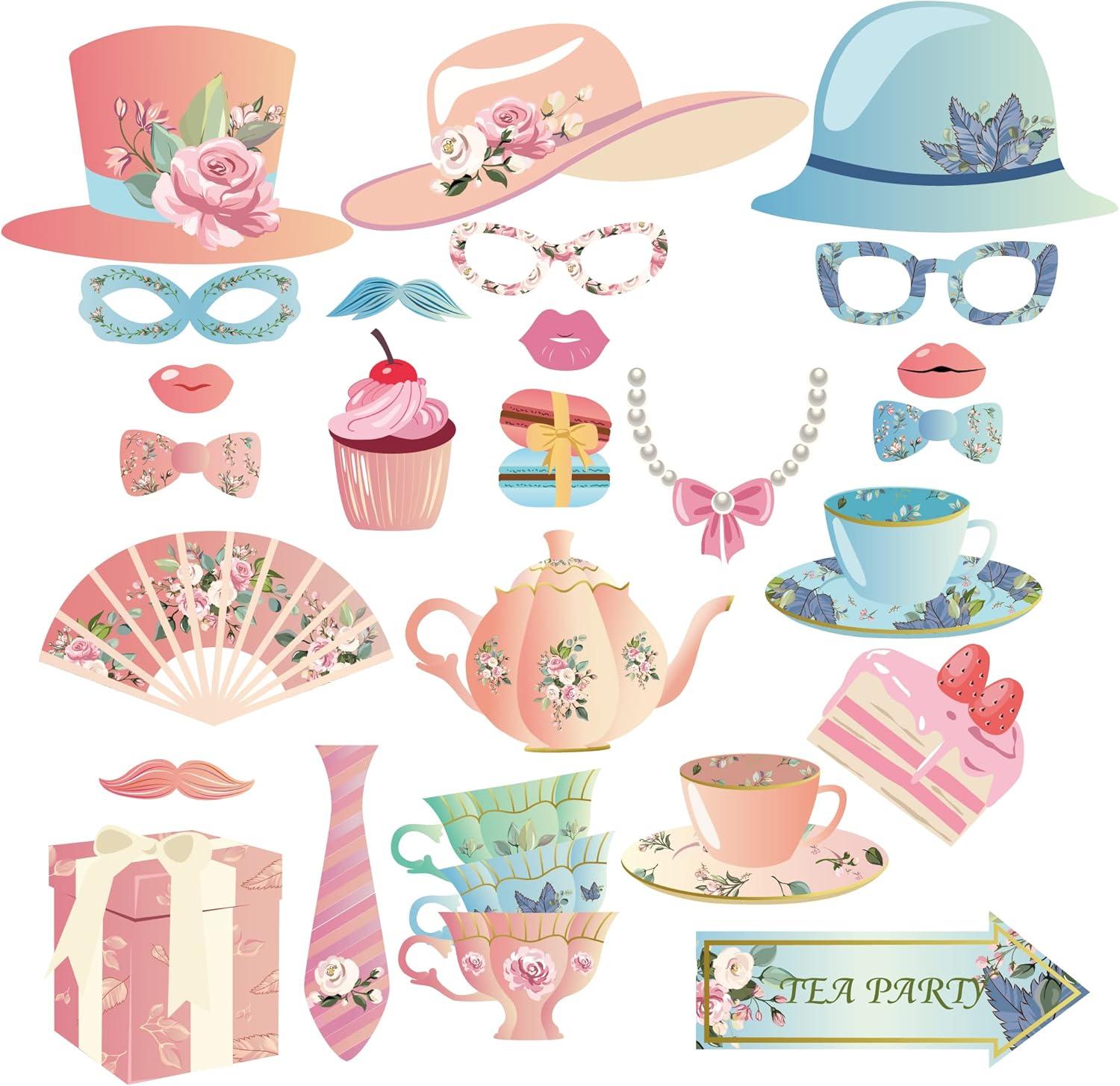 25Pcs Tea Party Photo Booth Props Kit DIY Teacup,Teapot Theme Selfie Props Garden Decorations Tea Party Decor for Girl Women Birthday Home Decor