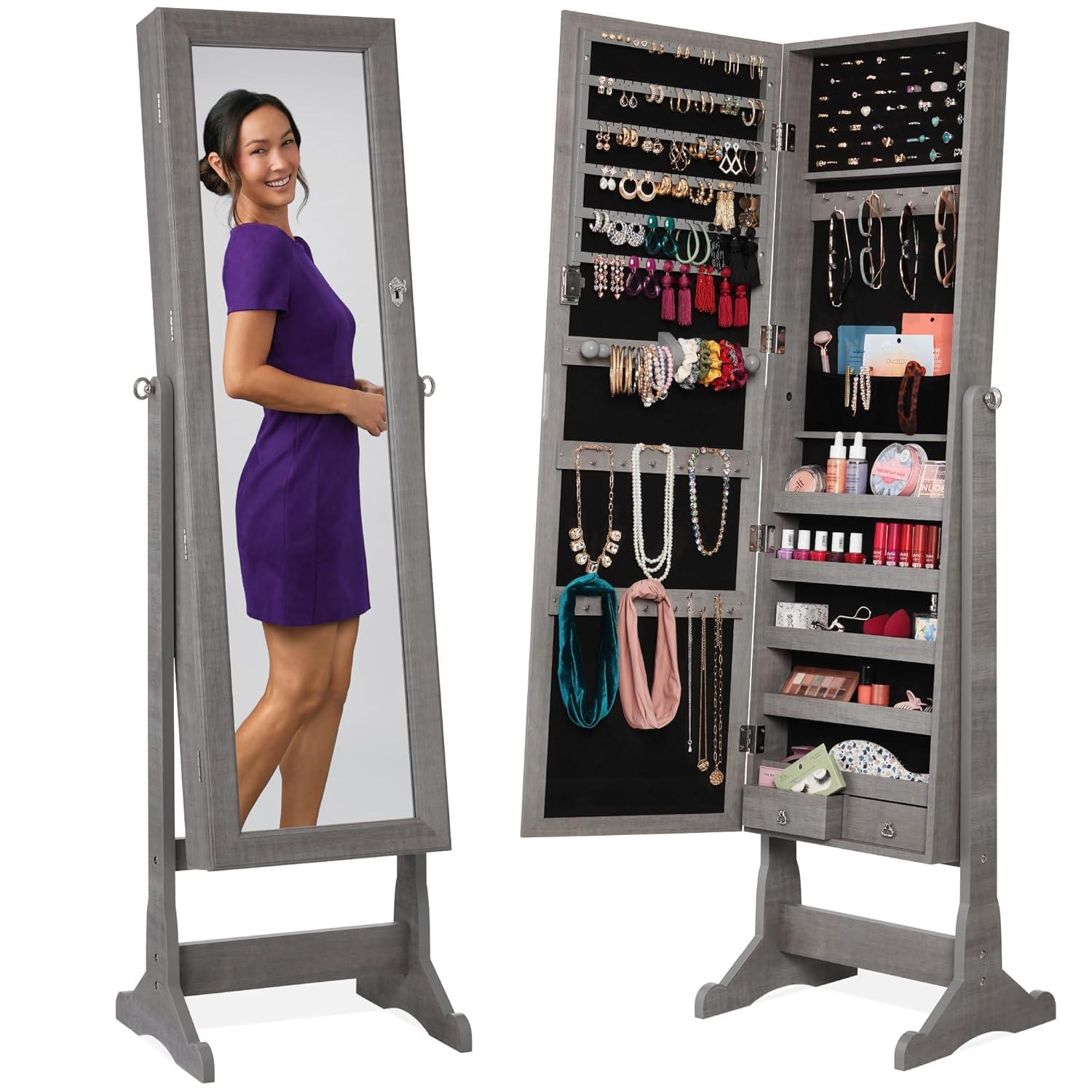 Best Choice Products Jewelry Armoire Cabinet, Full Length Mirror w/ Velvet Storage Interior, Lock - Gray Oak