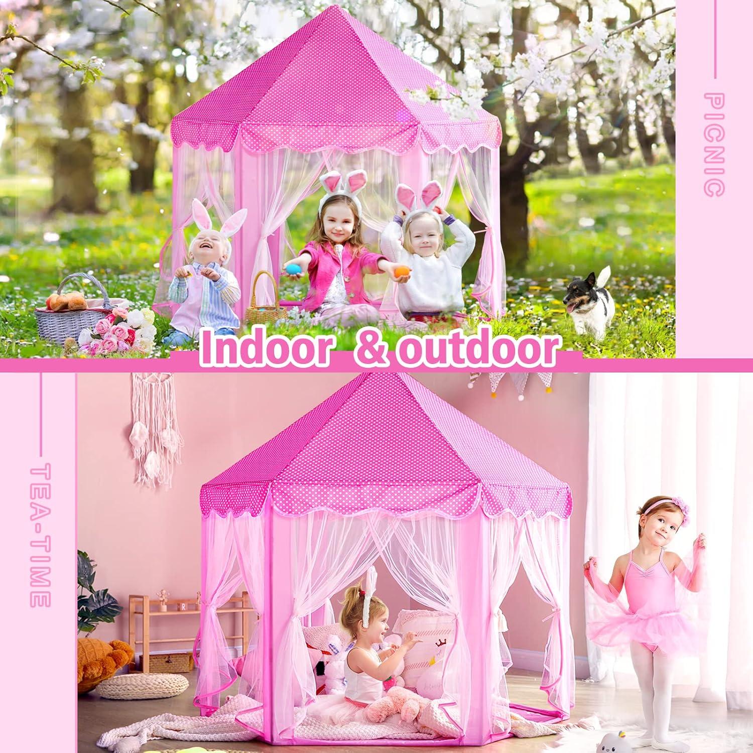 Princess Playhouse Play Tent with LED Lights, Large Collapsible Indoor / Outdoor Kids Teepee with Carrying Bag